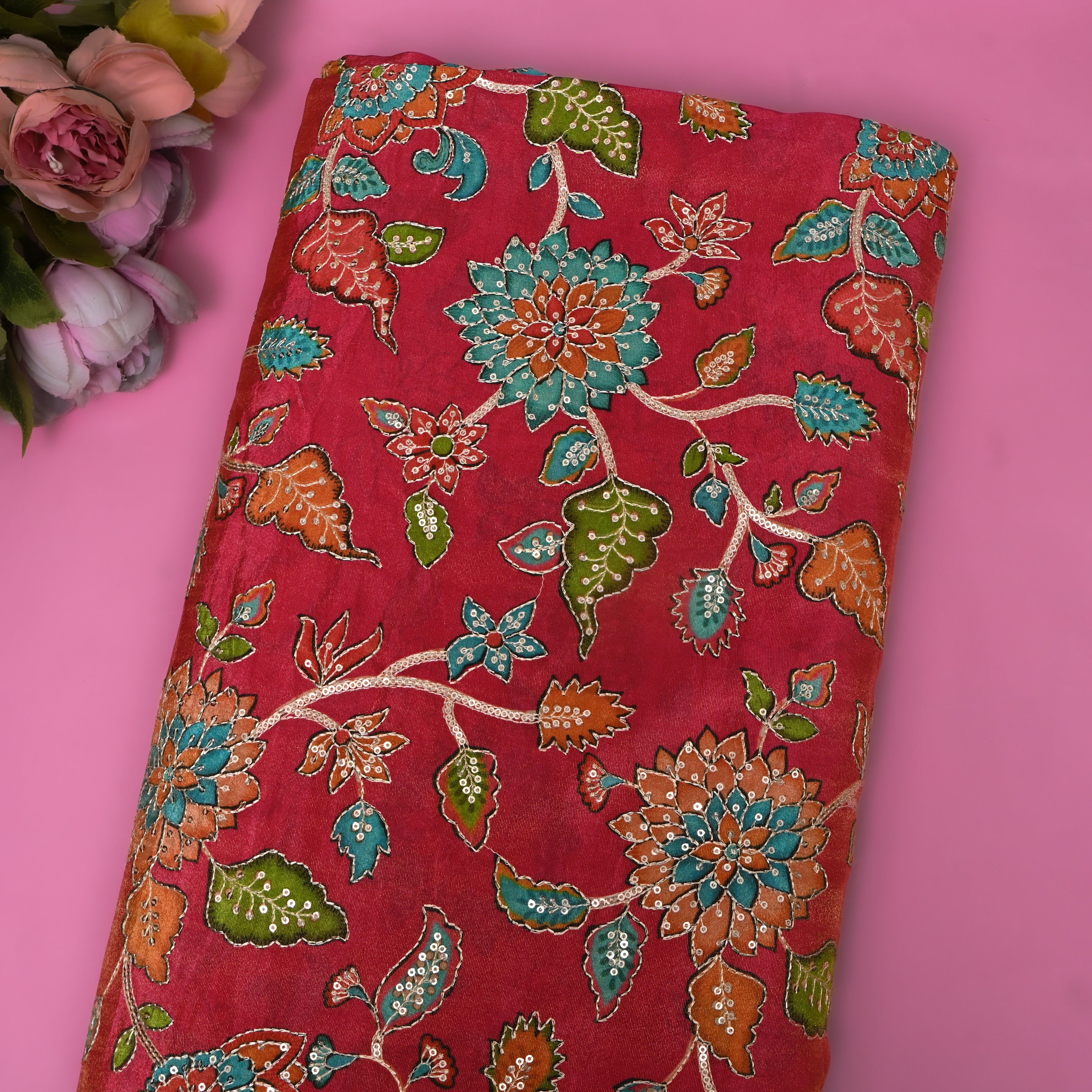 Crimson Red Sequin Floral Tissue Fabric