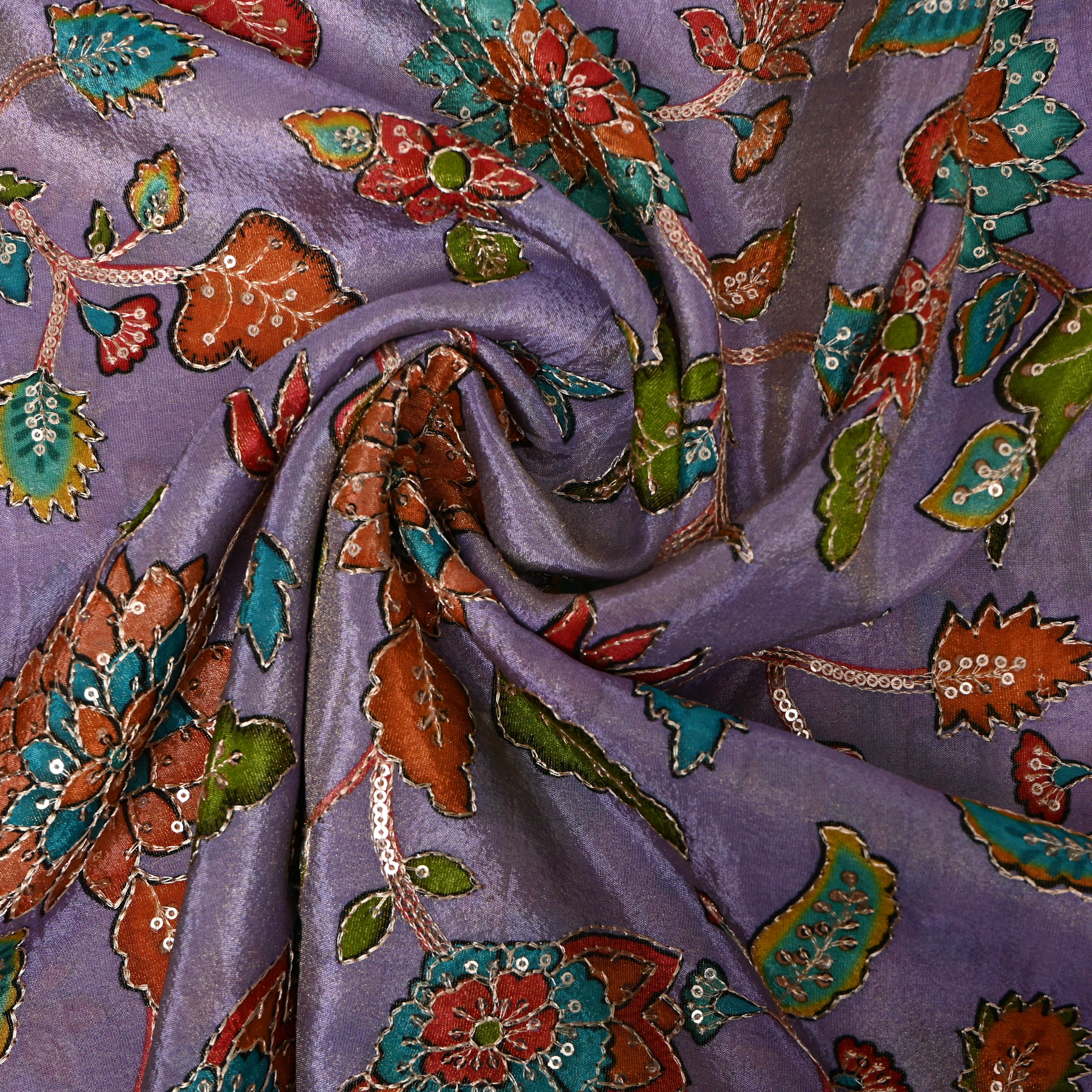 Lavender Multicolour Floral Sequin Tissue Fabric