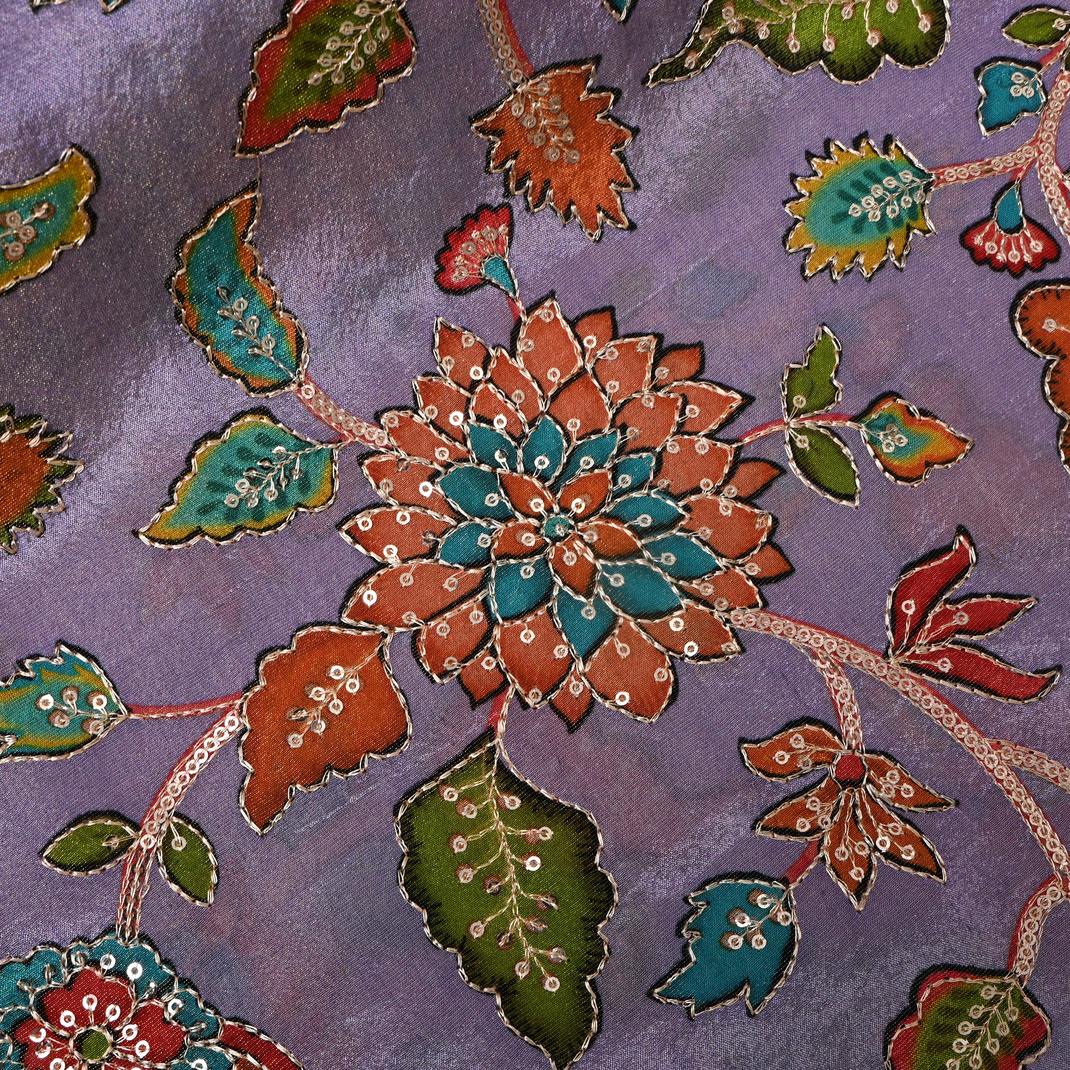 Lavender Multicolour Floral Sequin Tissue Fabric