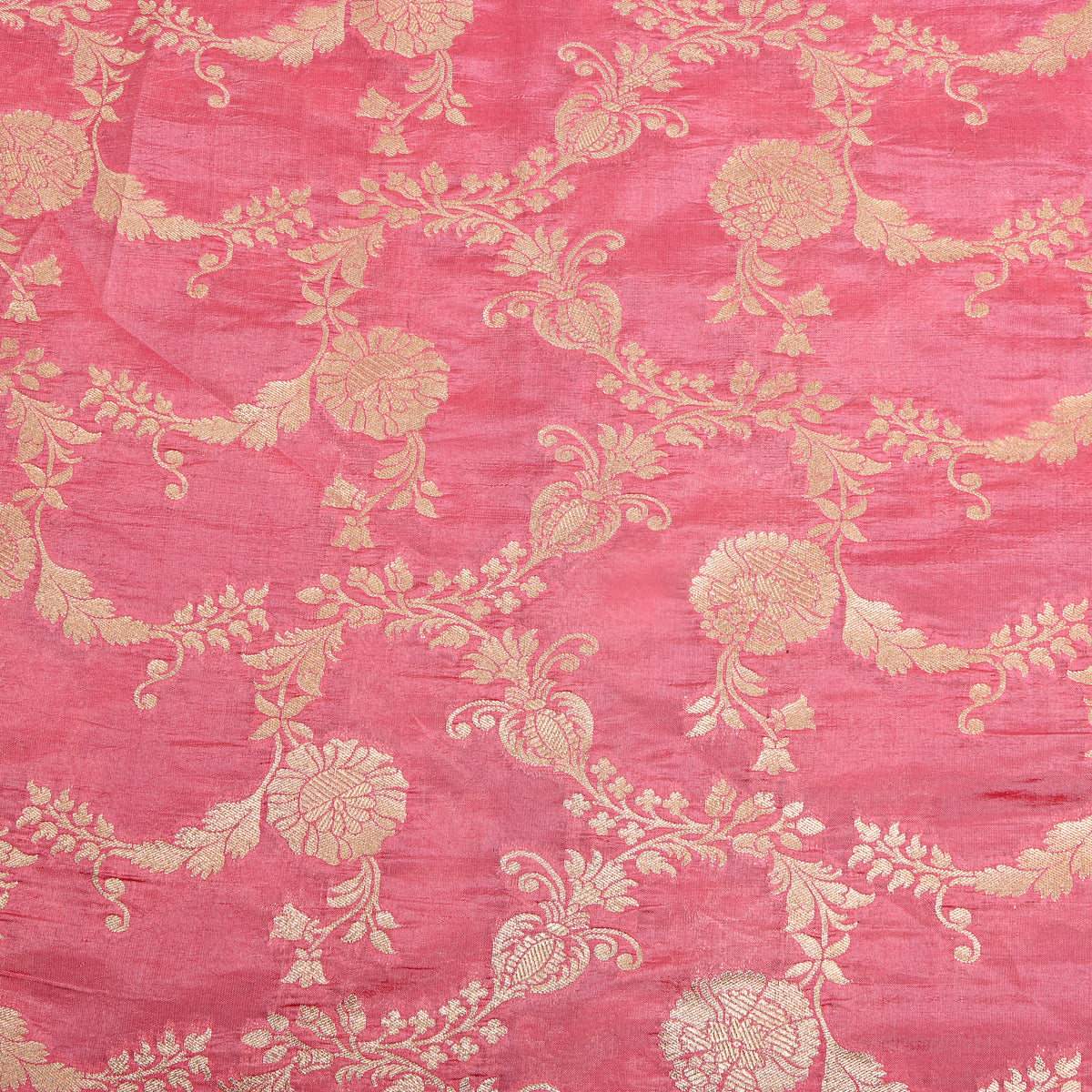 Coral Pink Gold Zari Floral Vine Jamawar Silk Fabric