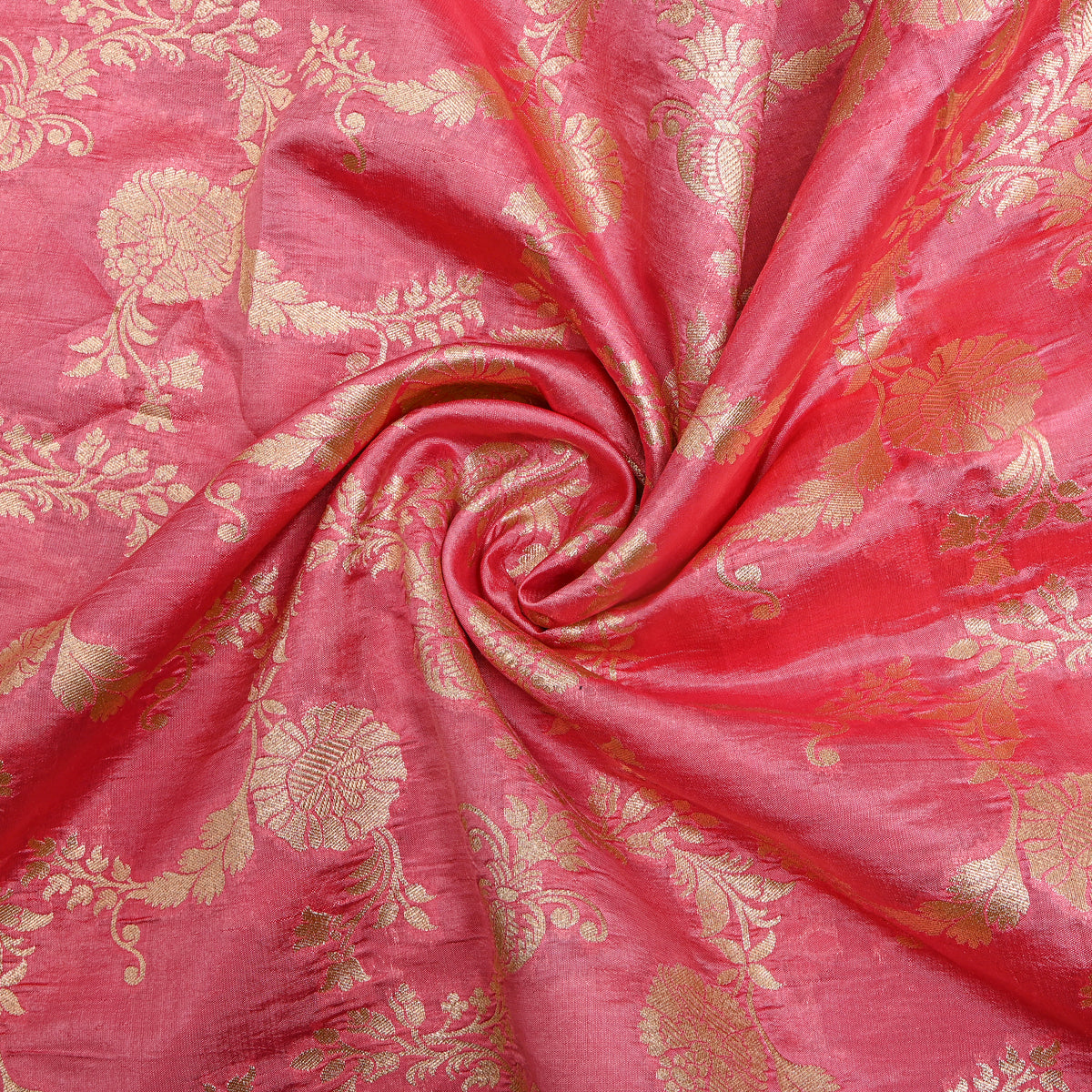 Coral Pink Gold Zari Floral Vine Jamawar Silk Fabric