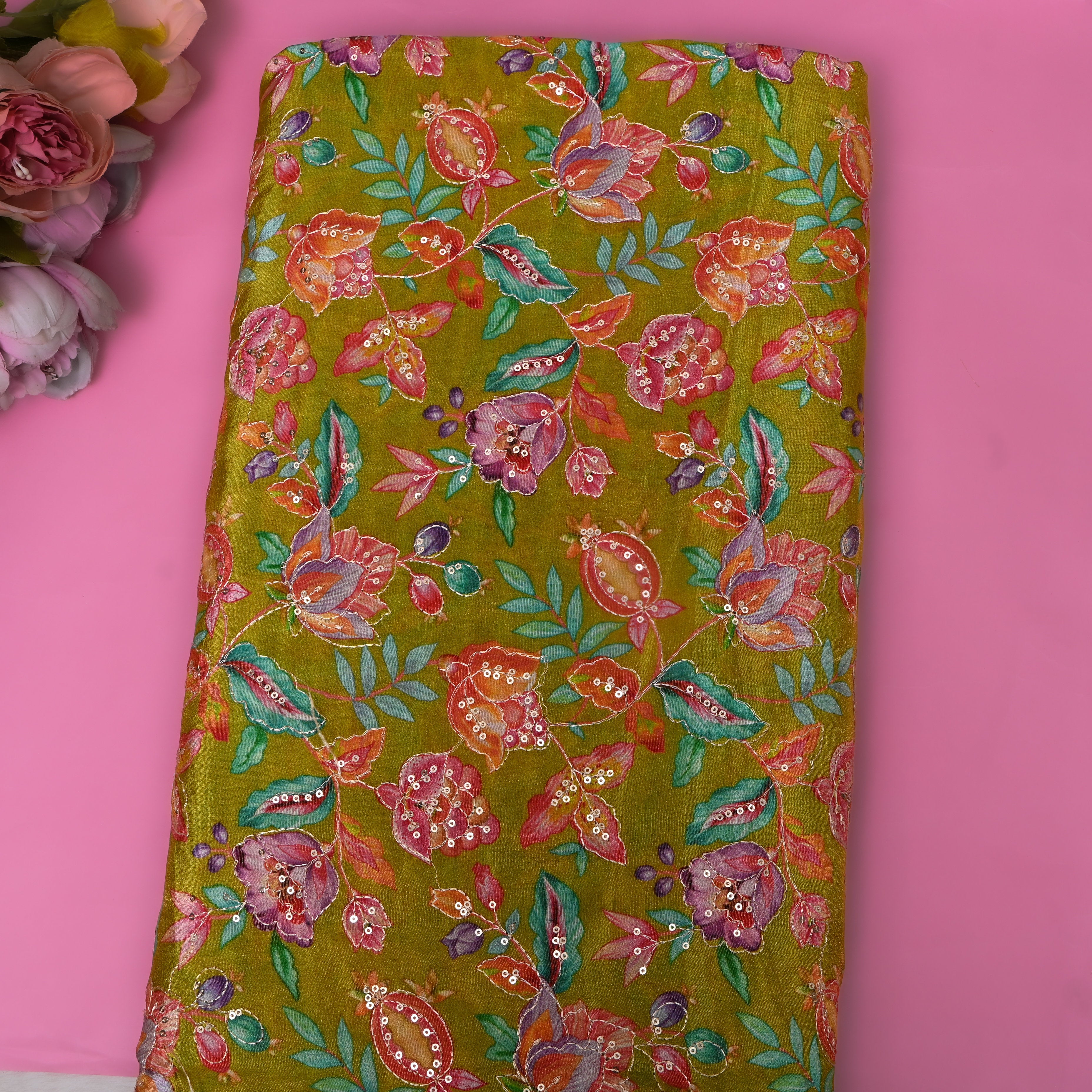 Olive Green Multicolour Leaf Sequin Thread Work Tissue Fabric