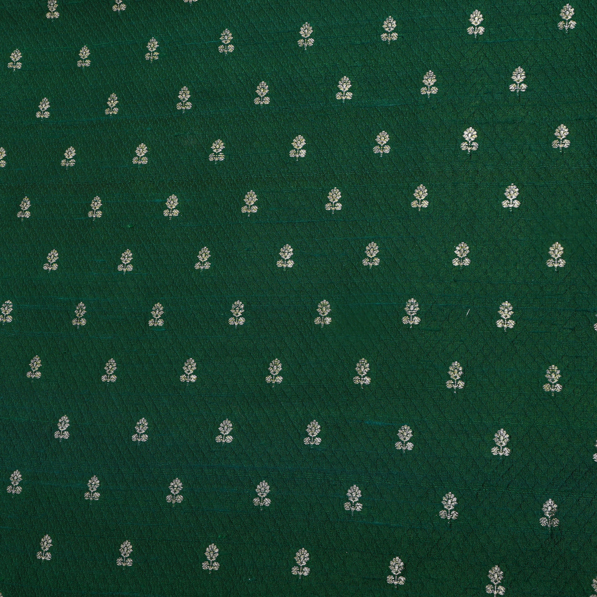Bottle Green Silver Zari Butti Self Weave Jamawar Silk Fabric