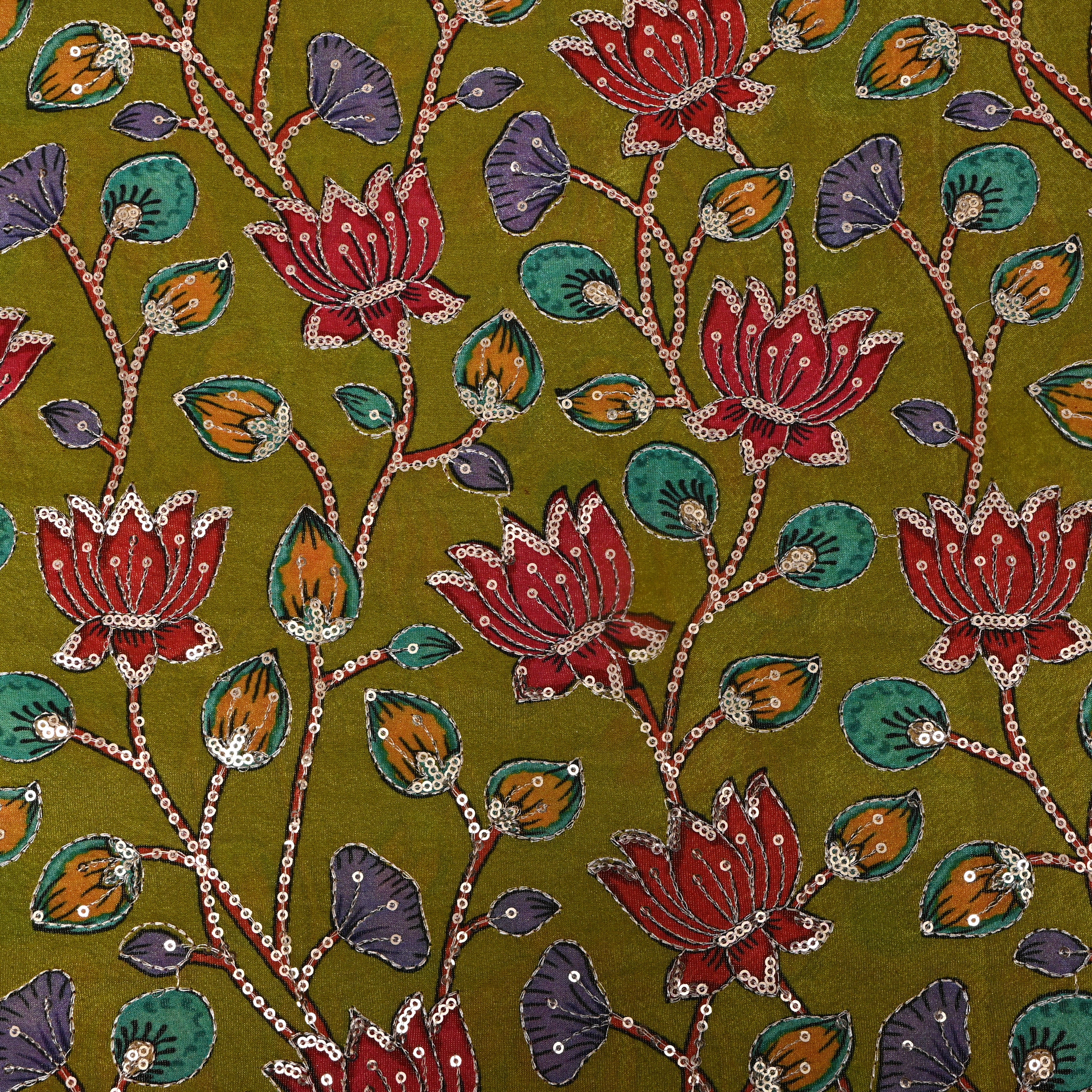 Olive Green Sequin Floral Tissue Fabric