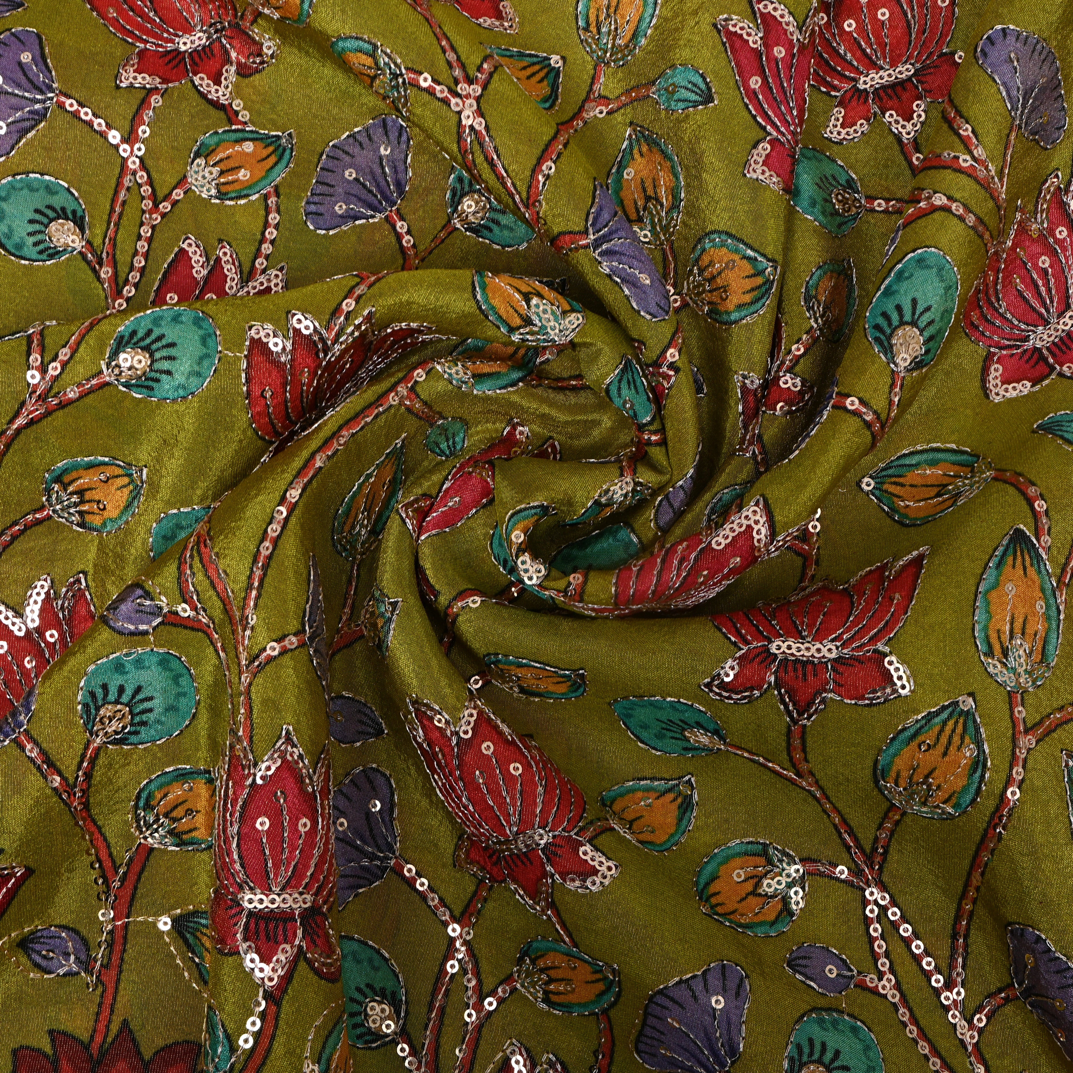Olive Green Sequin Floral Tissue Fabric