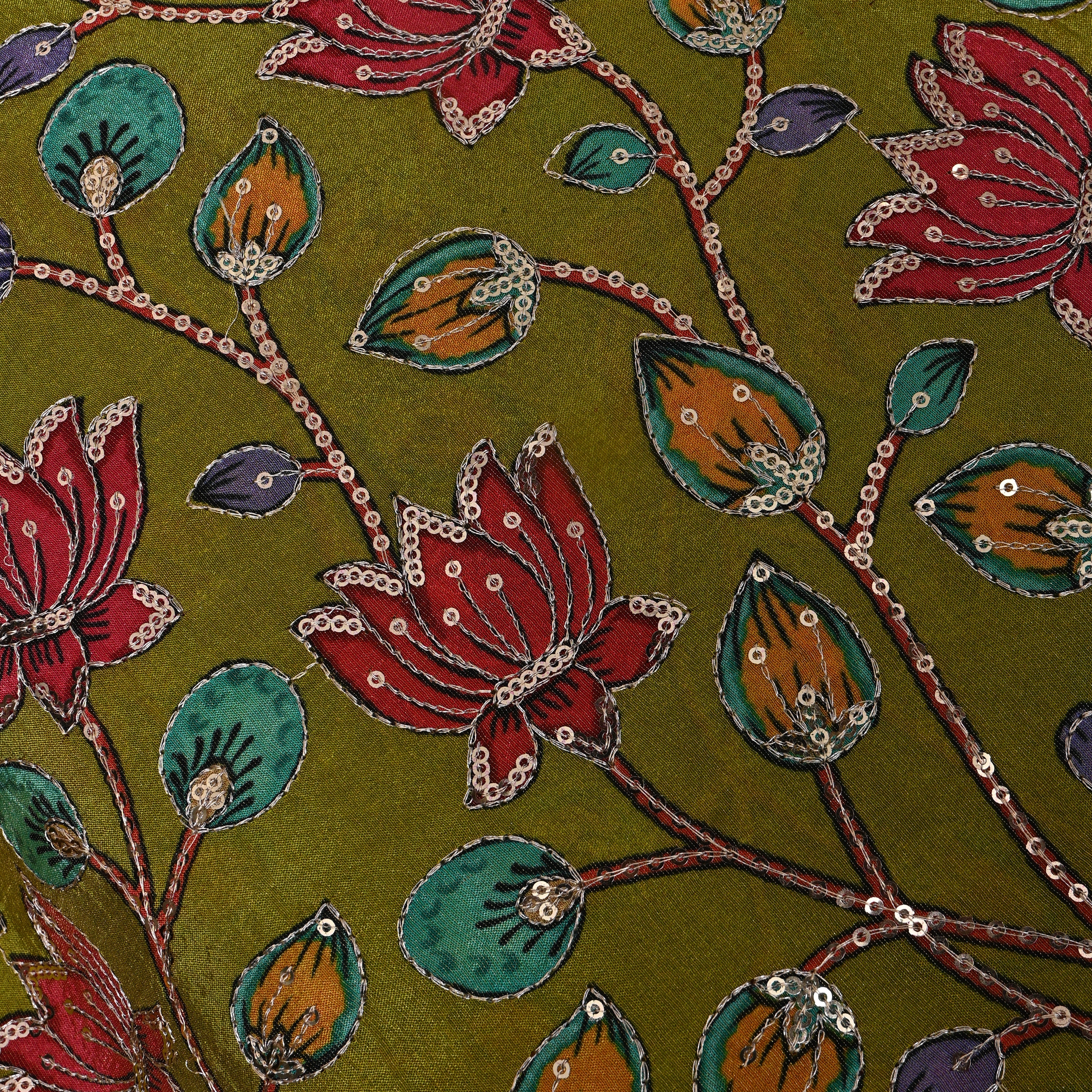 Olive Green Sequin Floral Tissue Fabric