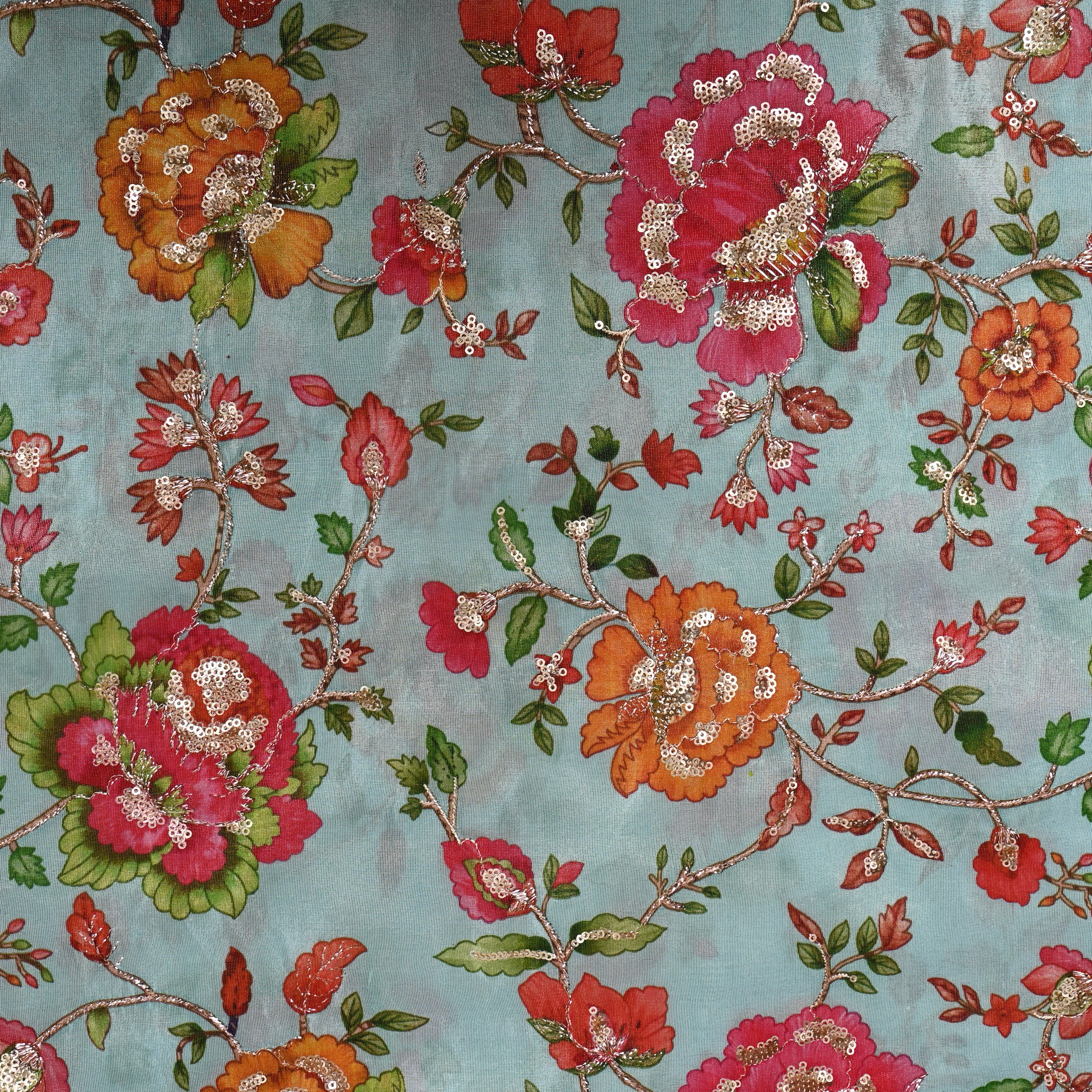Blue Multicolour Floral Sequin Thread Work Fabric