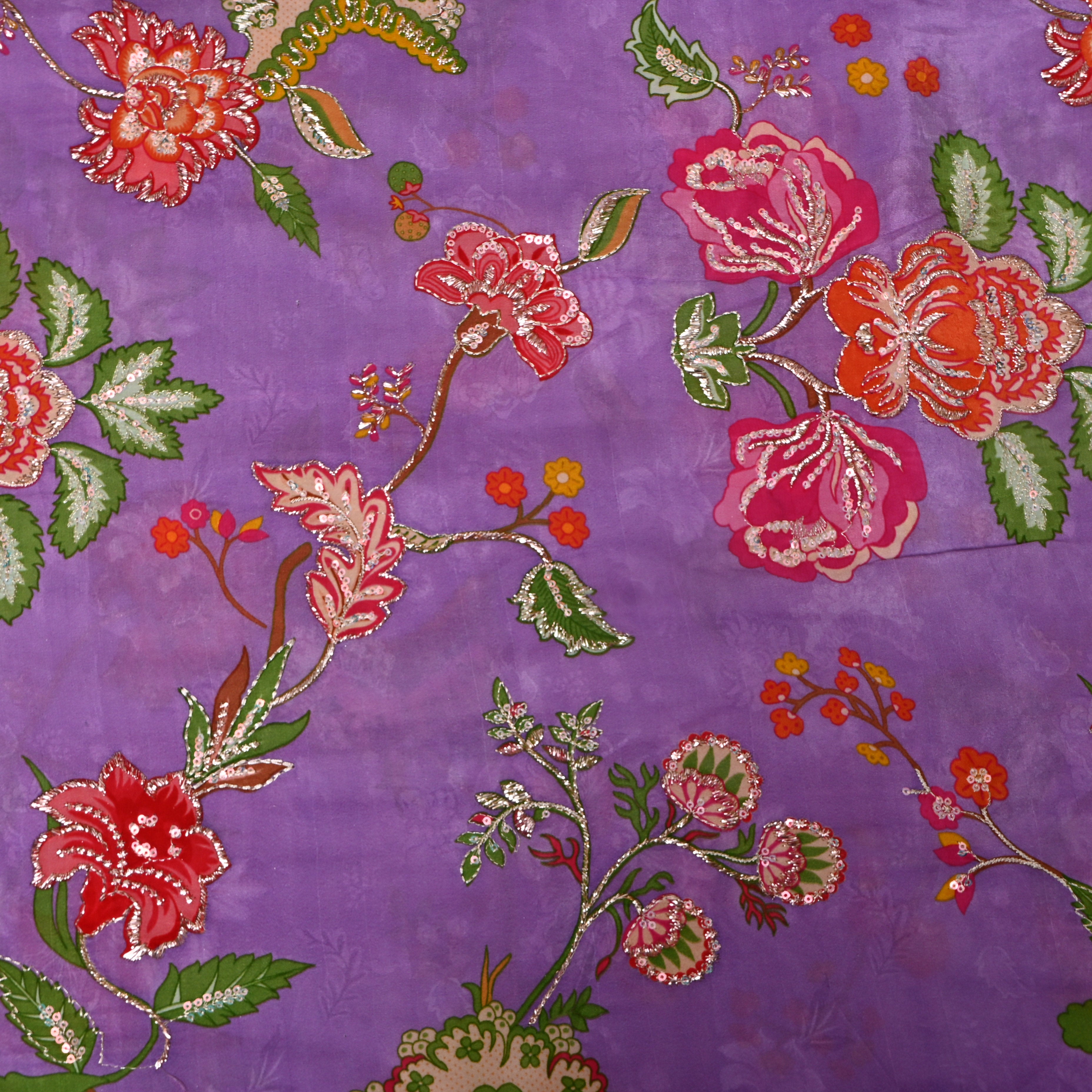 Lavender Multicolour Floral Sequin Embroidery Silk Fabric