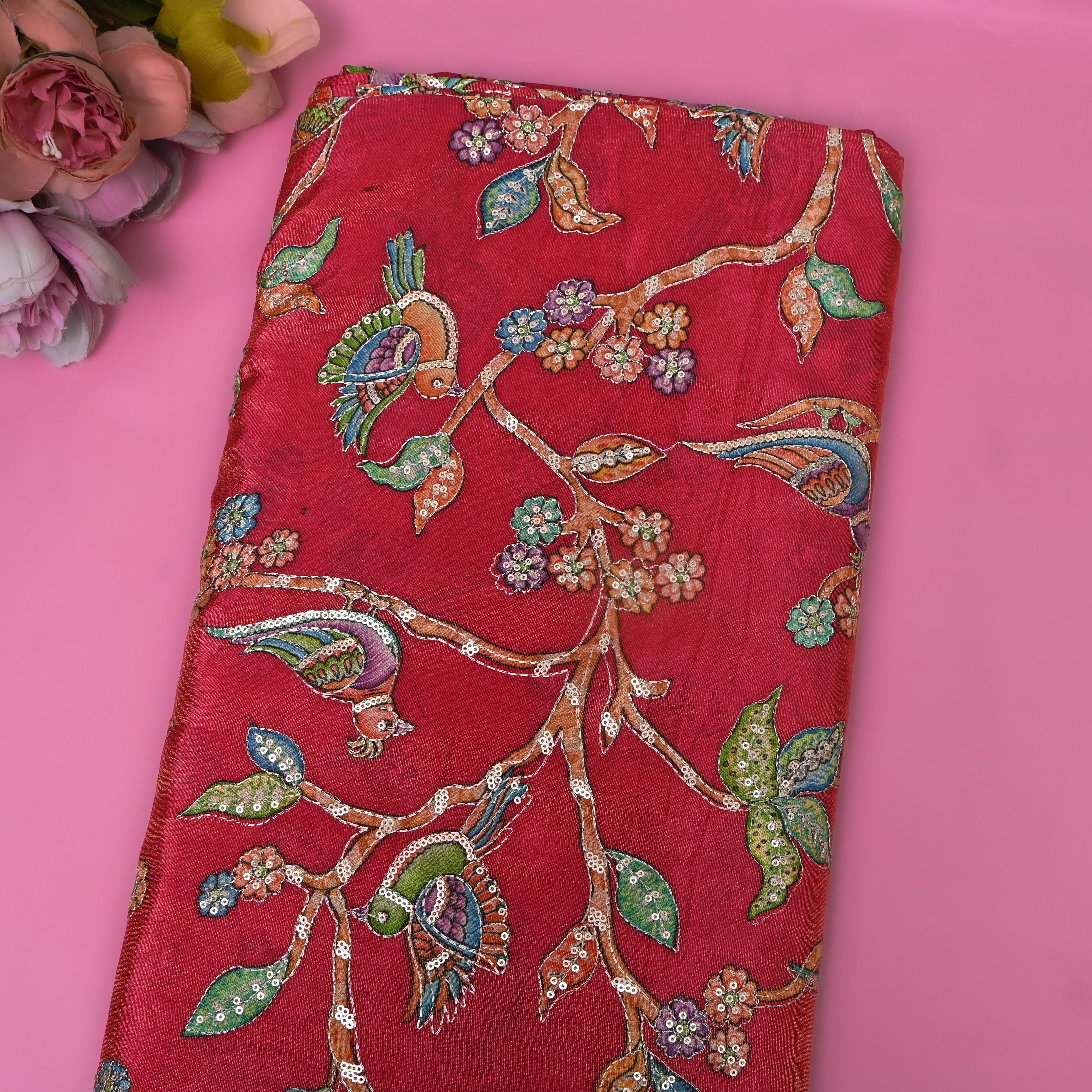 Deep Red Bird Floral Sequin Embroidery Tissue Fabric