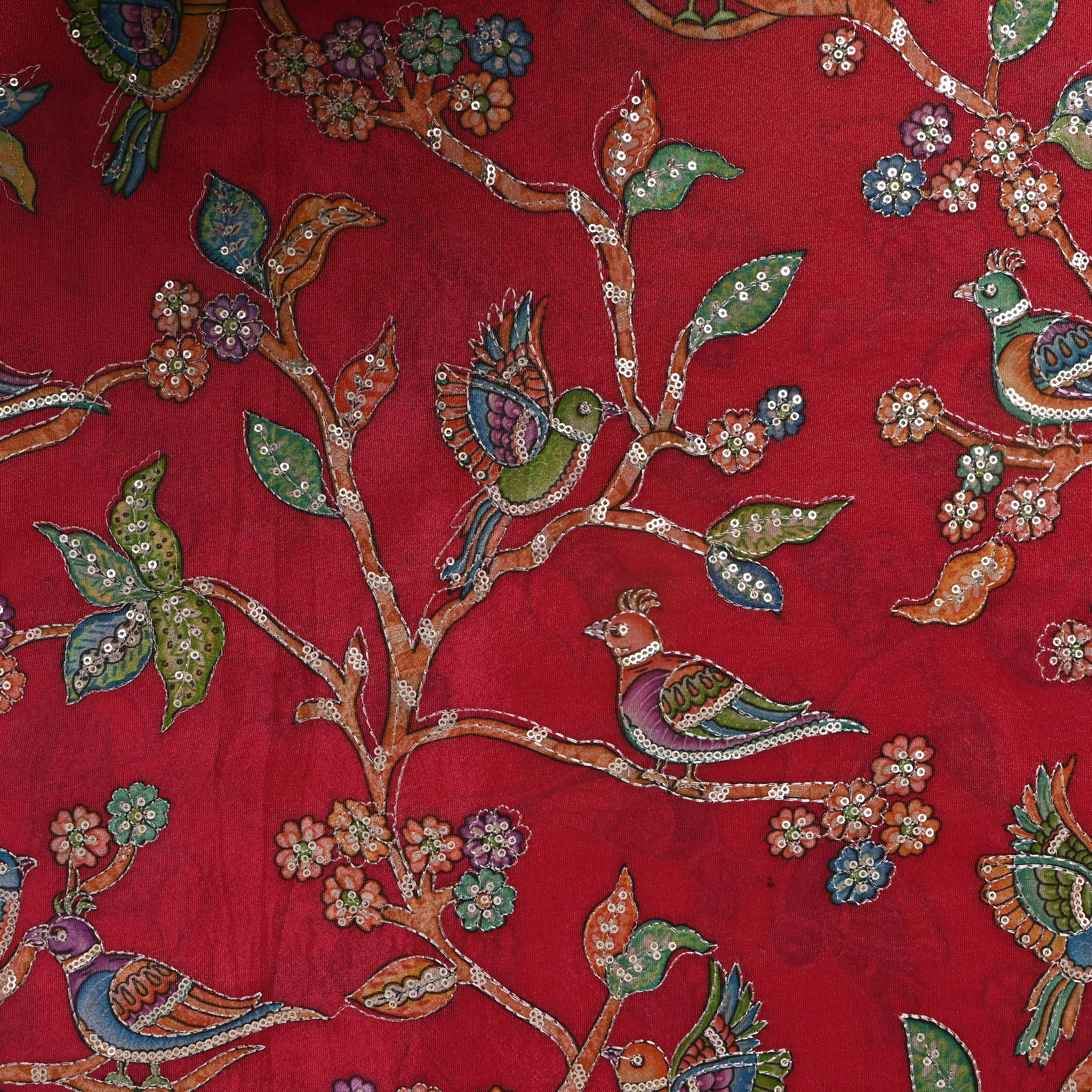 Deep Red Bird Floral Sequin Embroidery Tissue Fabric