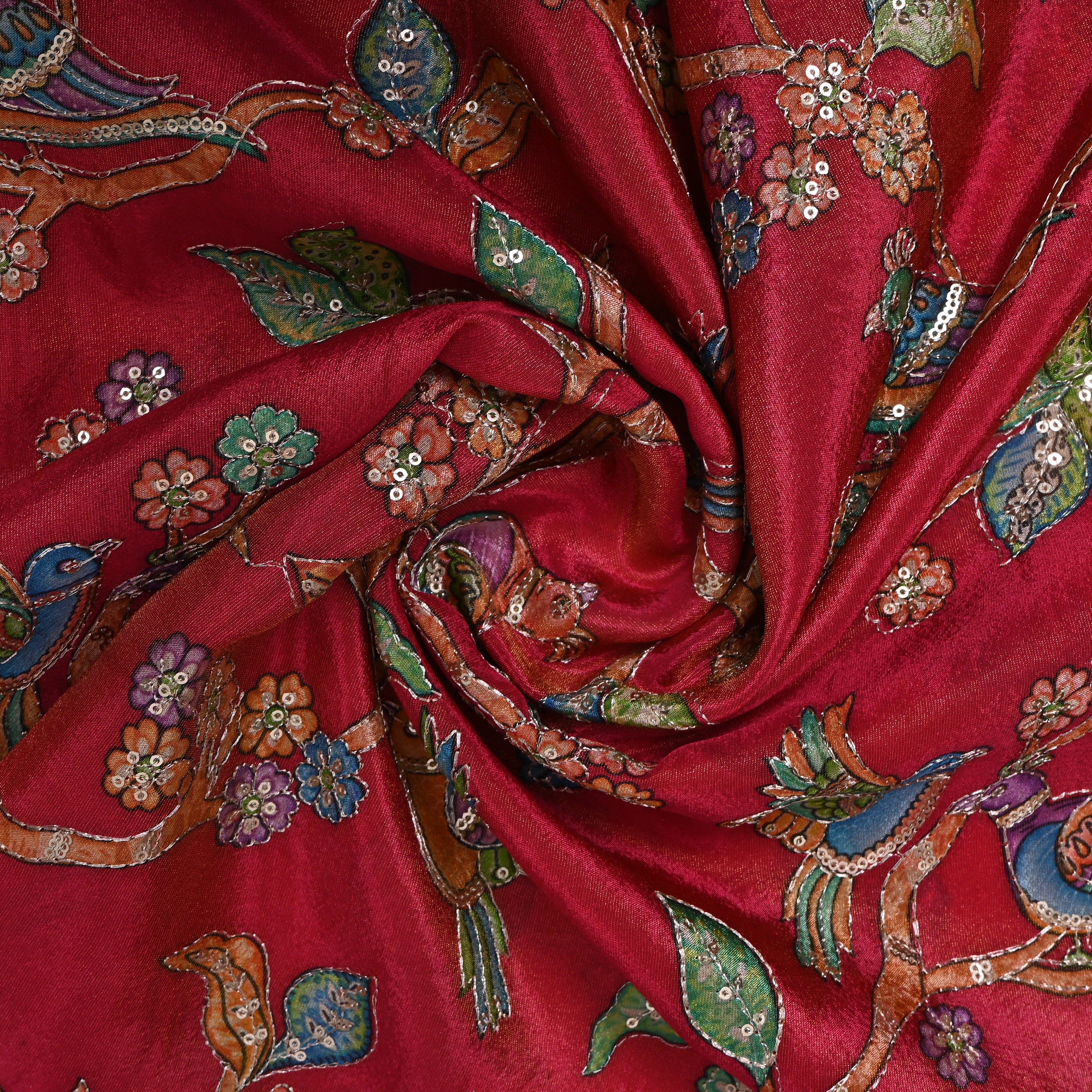 Deep Red Bird Floral Sequin Embroidery Tissue Fabric