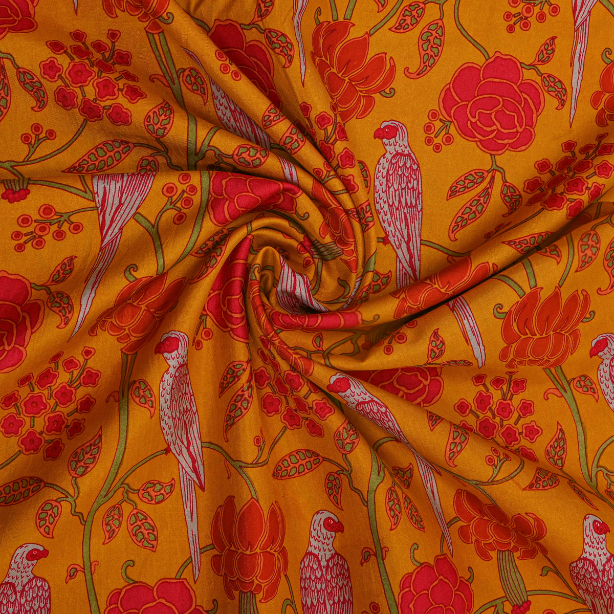 Saffron Parrot Rose Print Silk Fabric