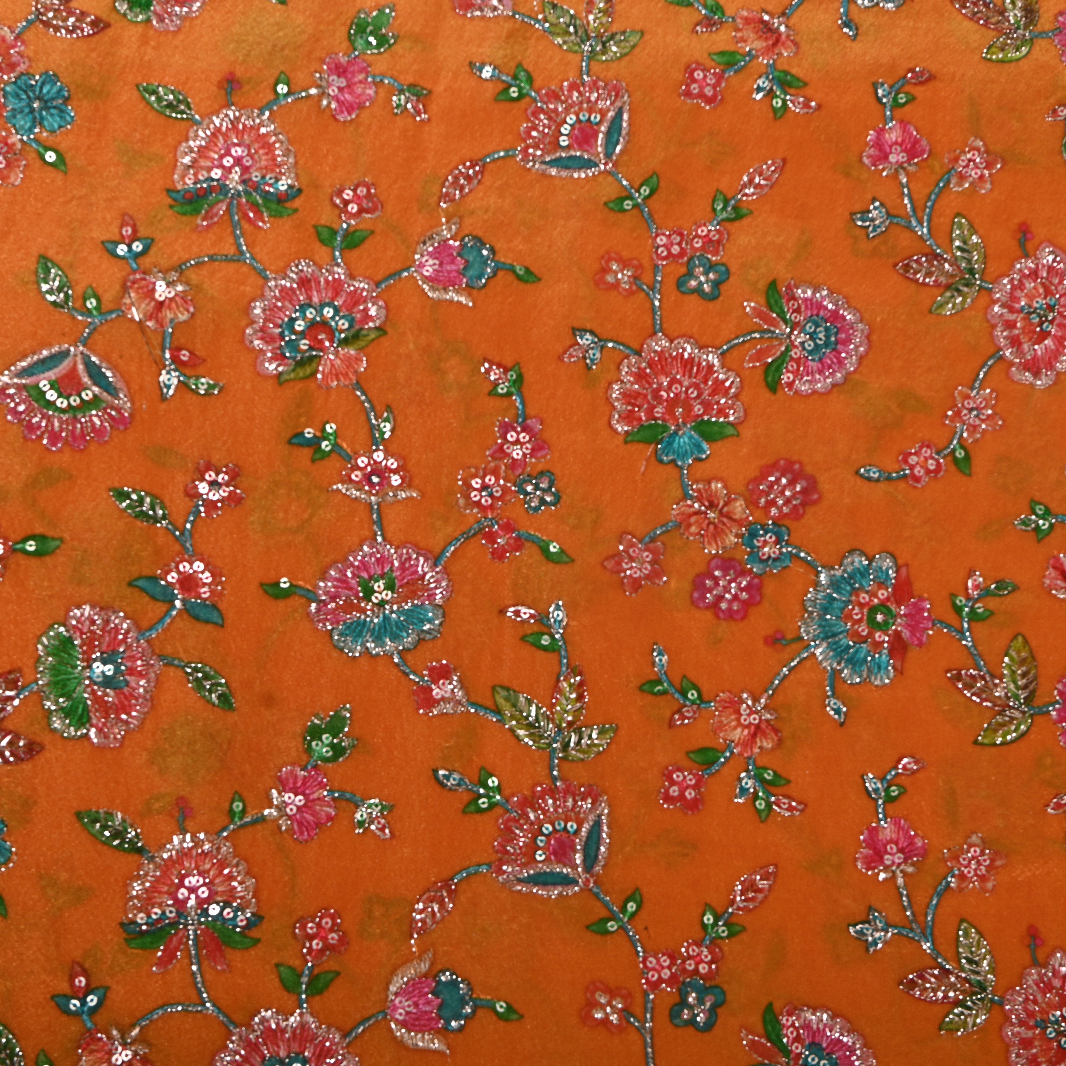 Rust Orange Pink Floral Sequin Embroidery Tissue Fabric