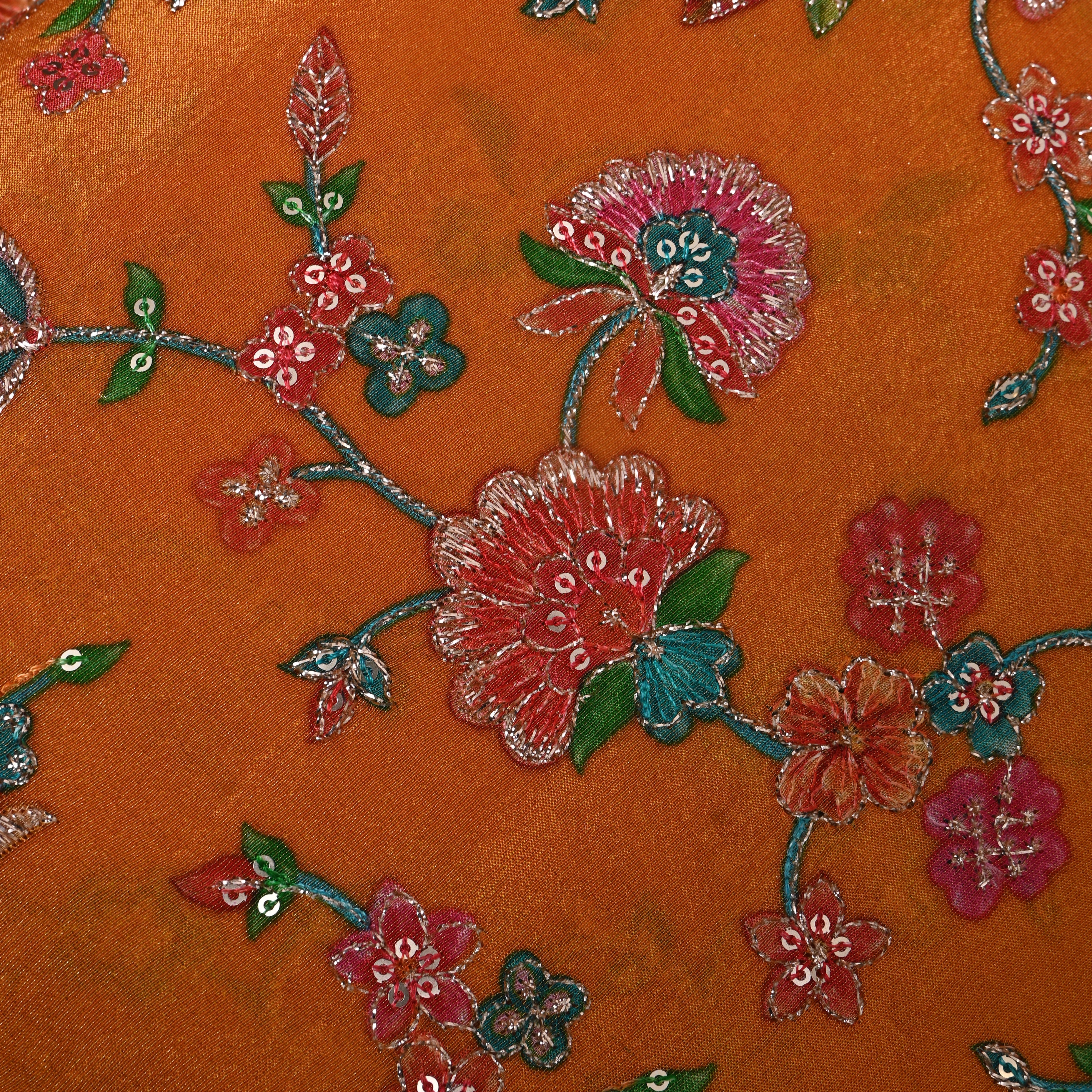 Rust Orange Pink Floral Sequin Embroidery Tissue Fabric