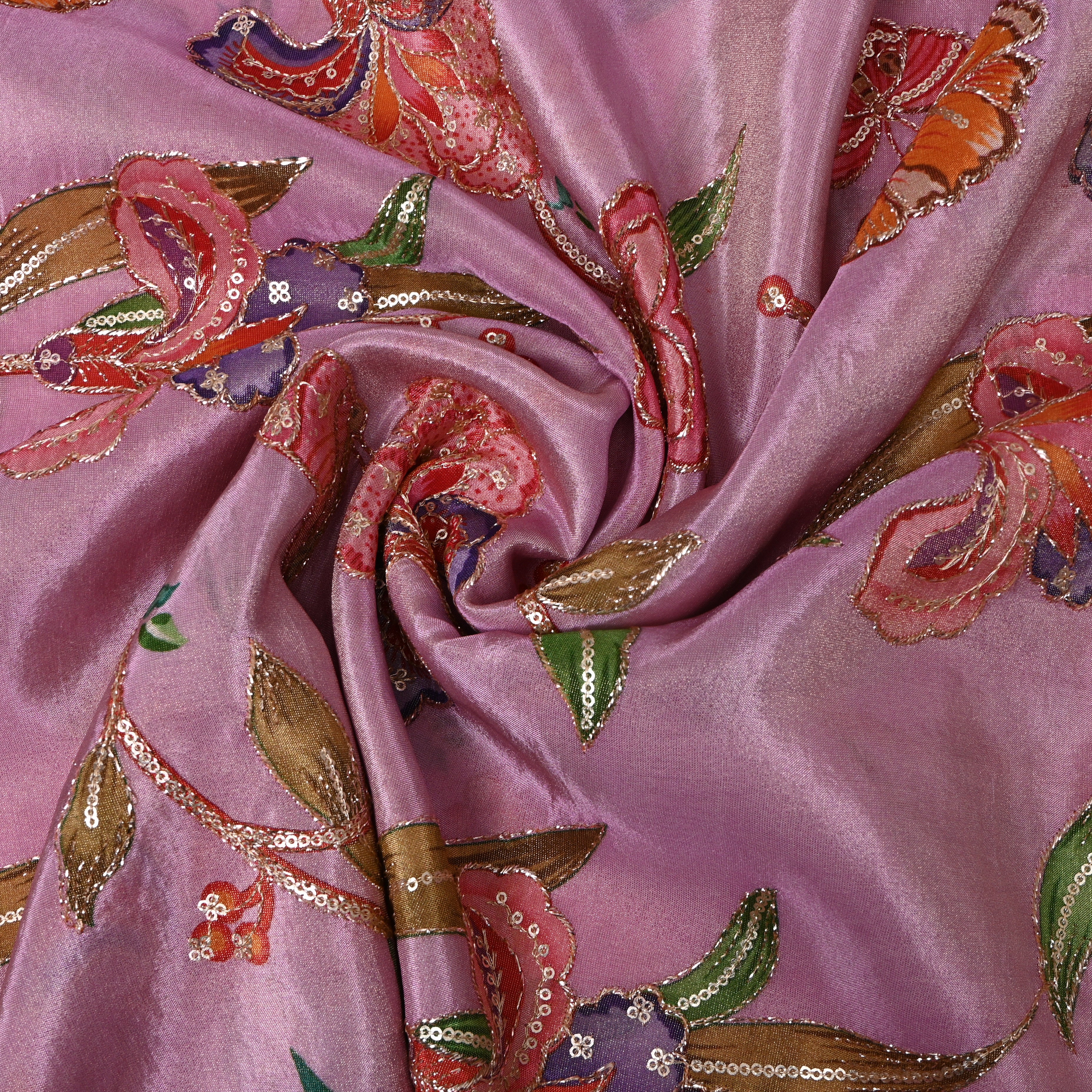 Orchid Pink Multicolour Floral Sequin Embroidery Fabric