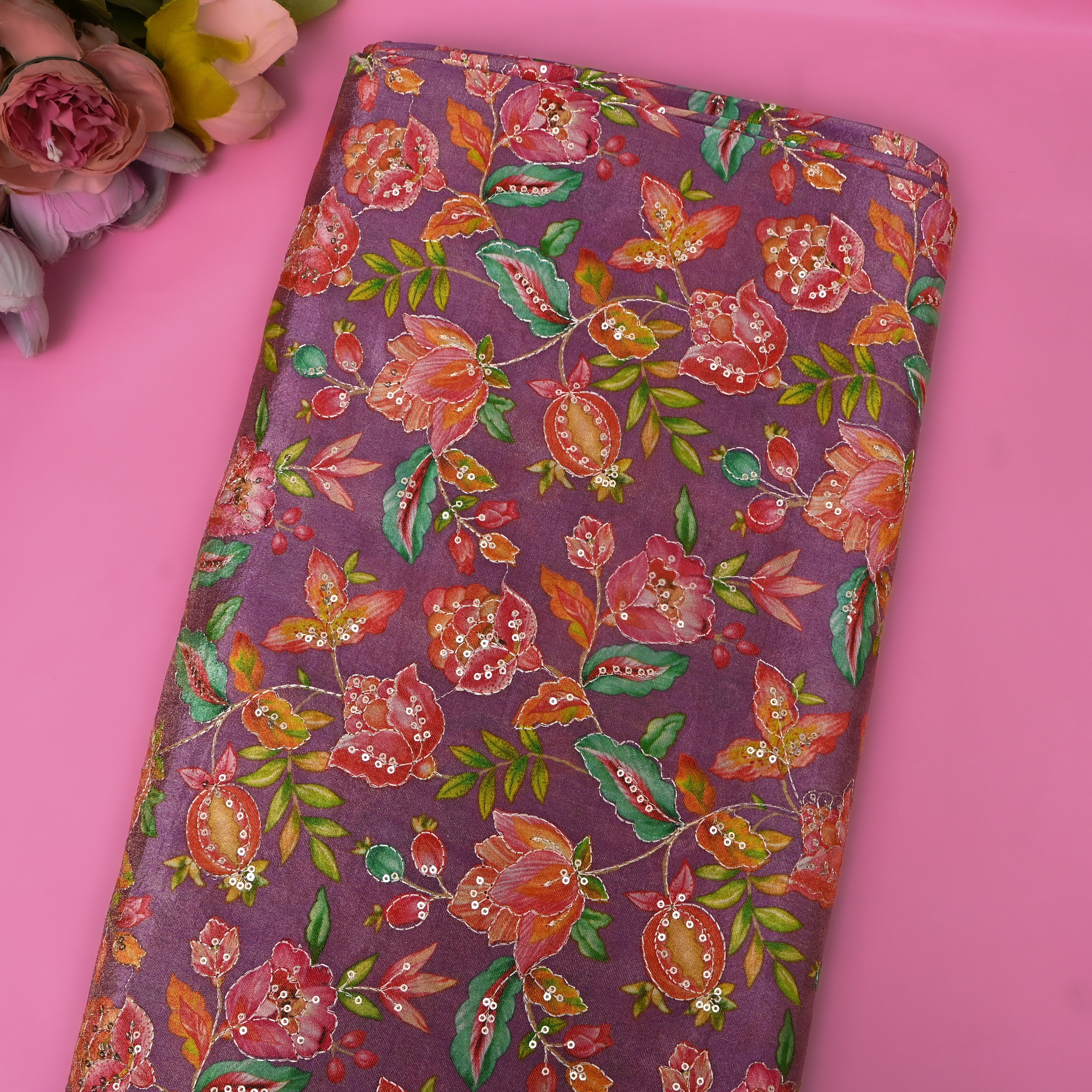 Wine Purple Pomegranate Floral Sequin Thread Work Tissue Fabric