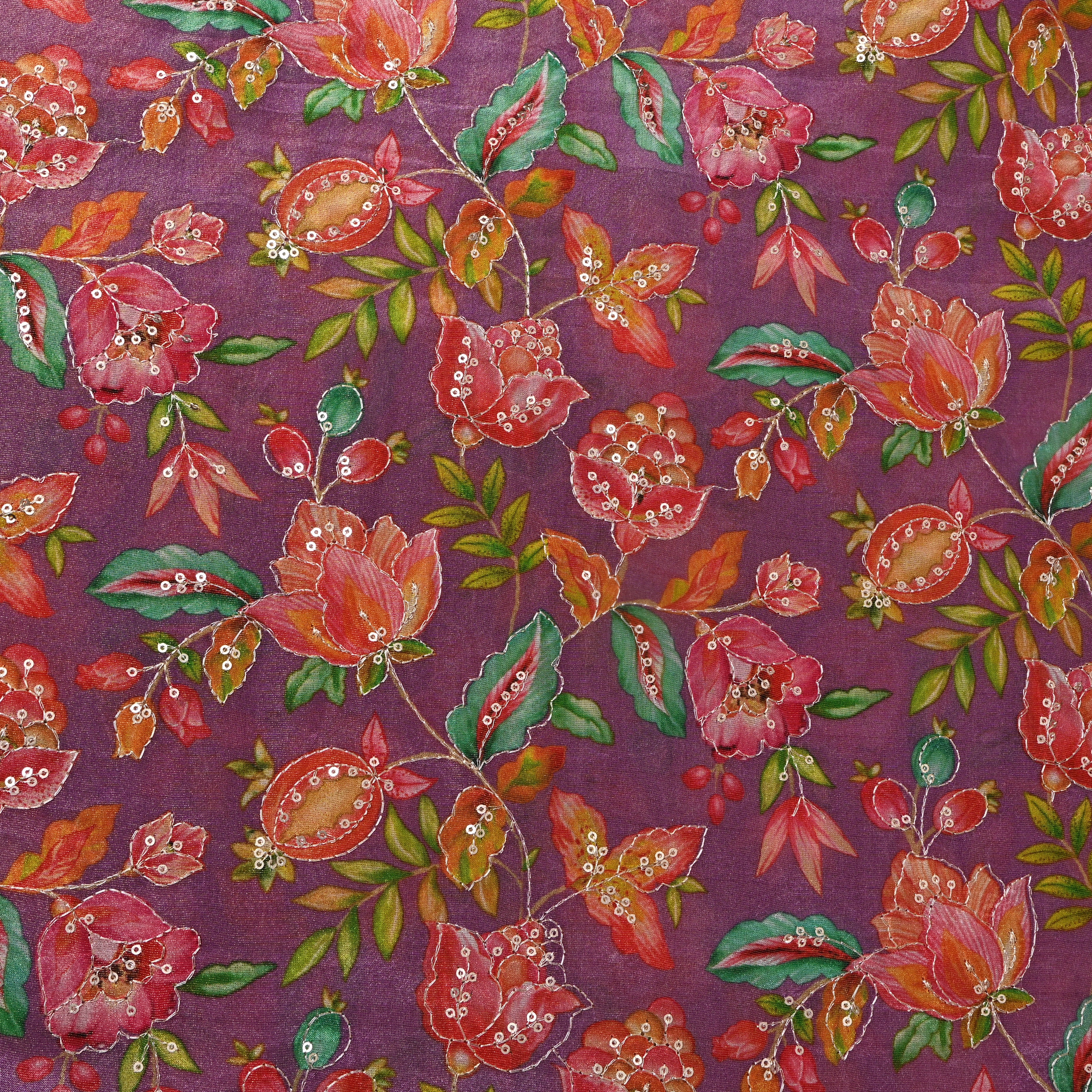 Wine Purple Pomegranate Floral Sequin Thread Work Tissue Fabric