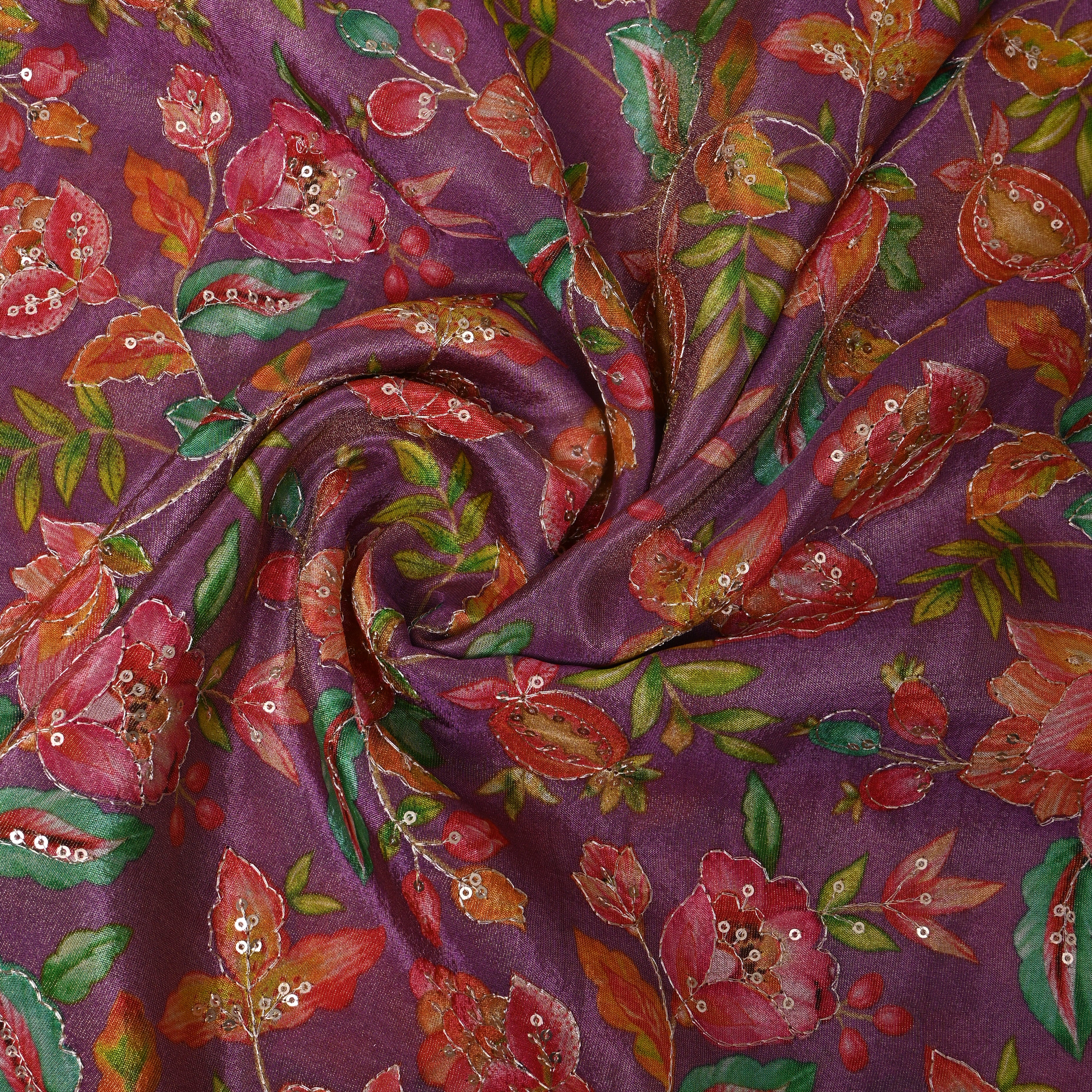 Wine Purple Pomegranate Floral Sequin Thread Work Tissue Fabric