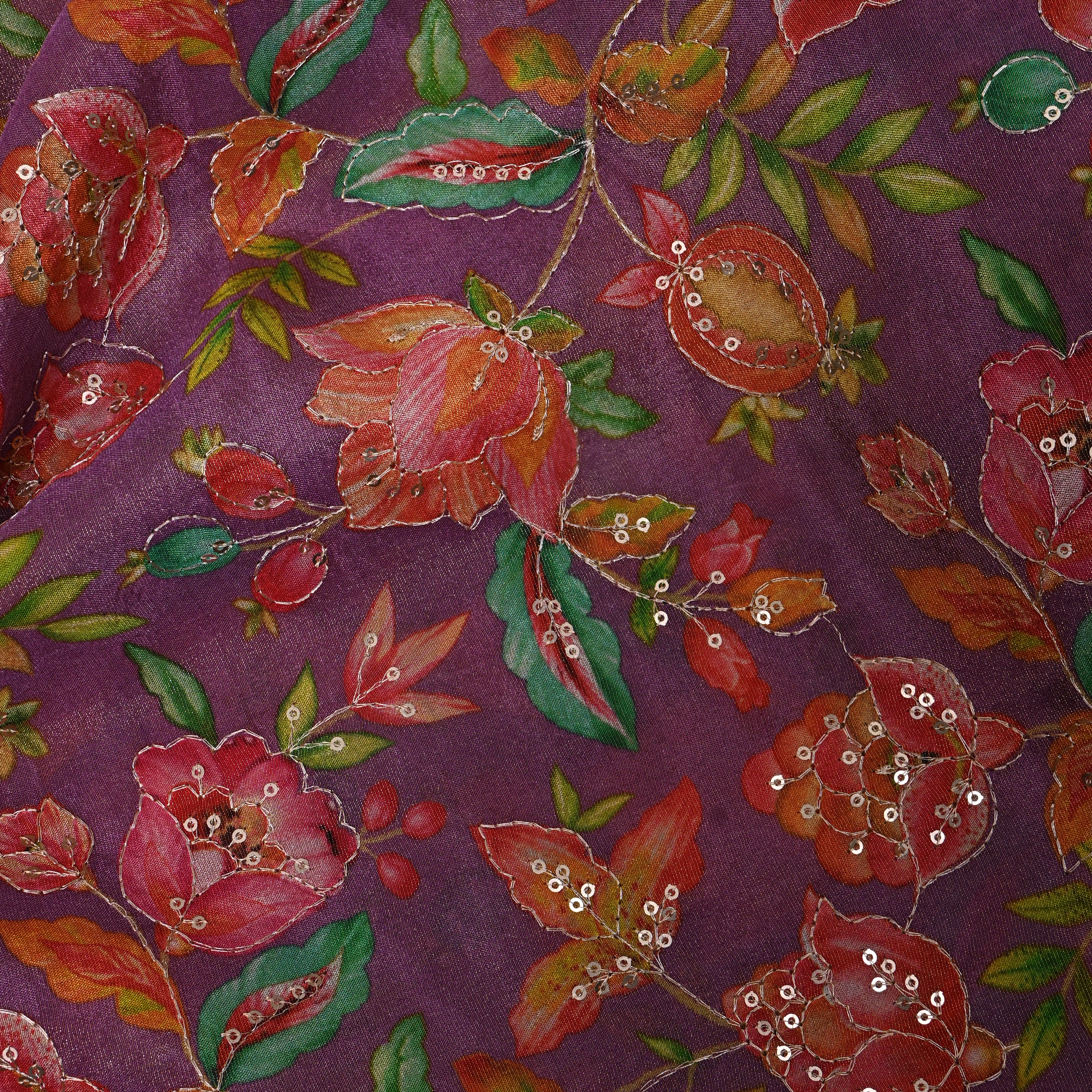 Wine Purple Pomegranate Floral Sequin Thread Work Tissue Fabric