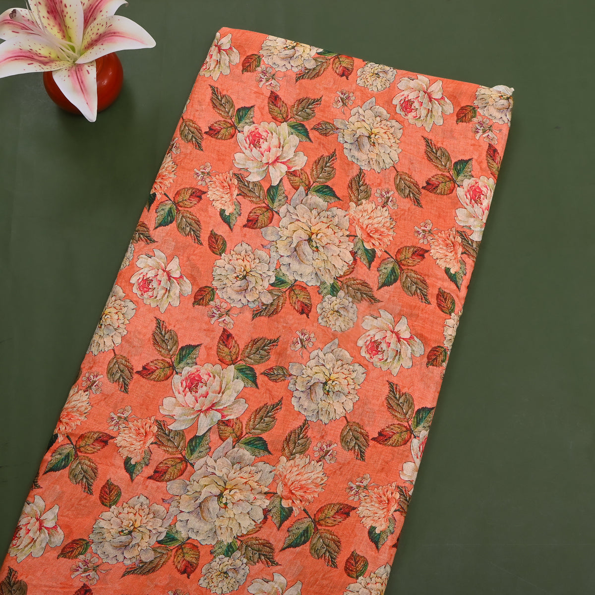 Coral Digital Floral Print Tussar Fabric