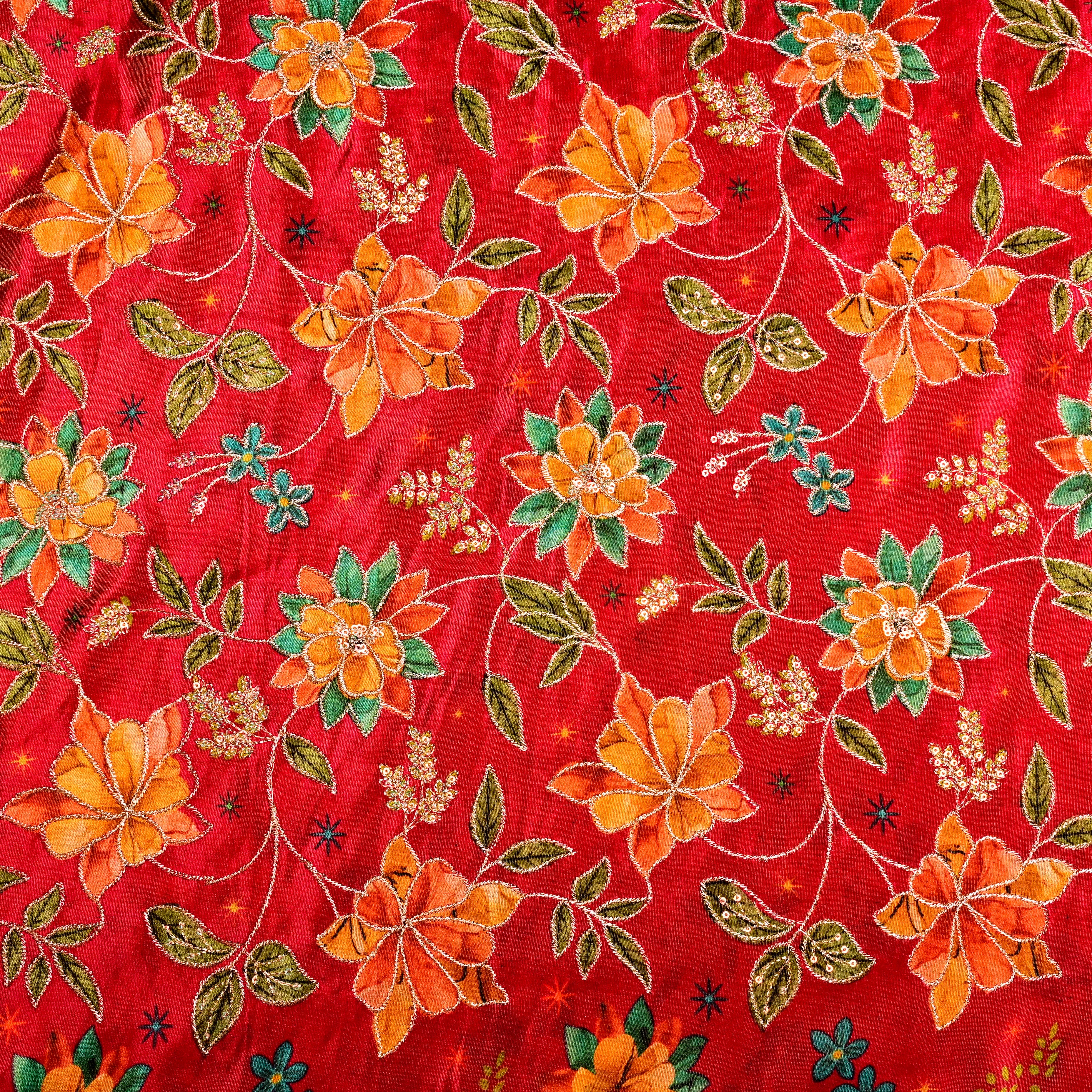 Red Tissue Fabric With Printed Embroidery