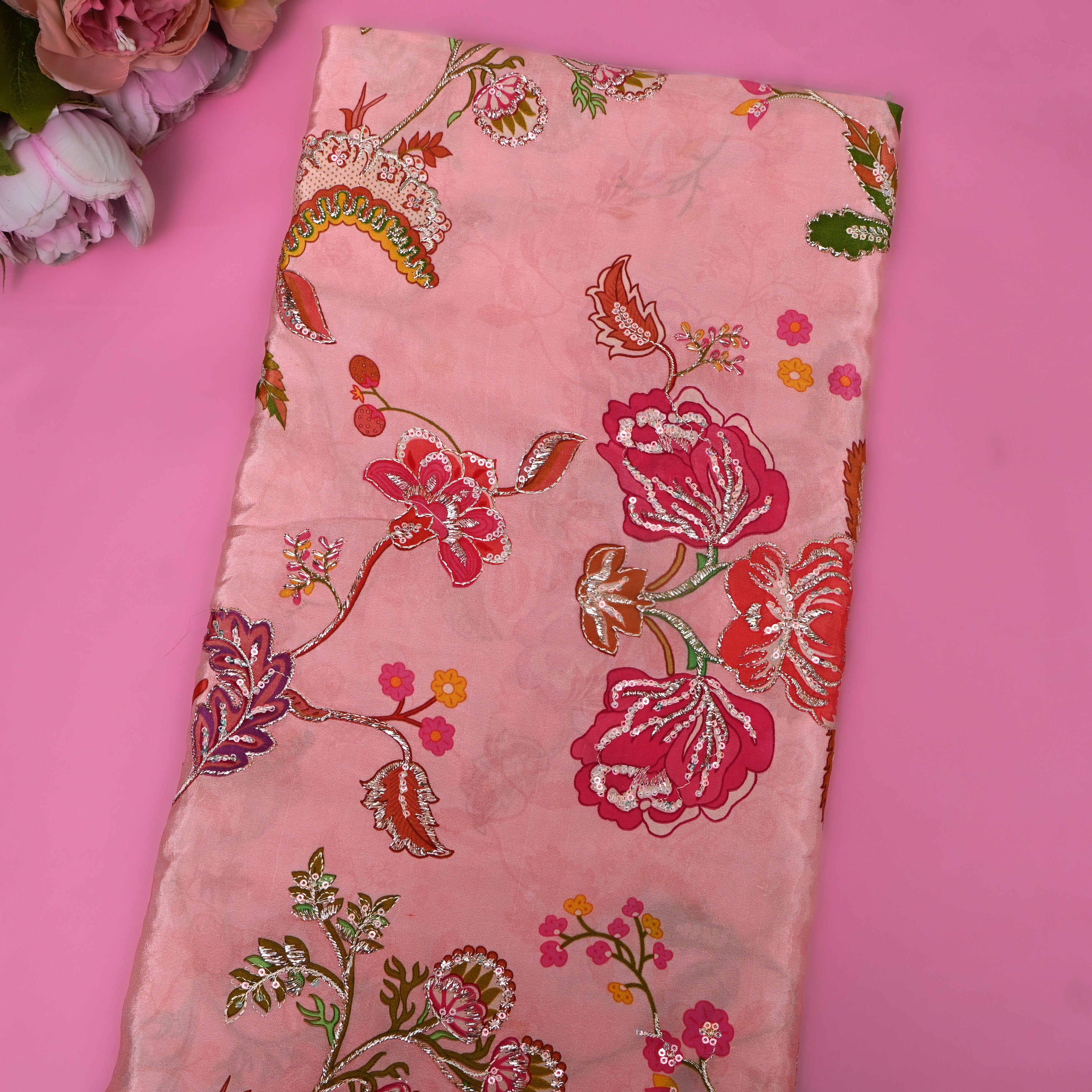 Blush Pink Multicolour Floral Sequin Embroidery Fabric