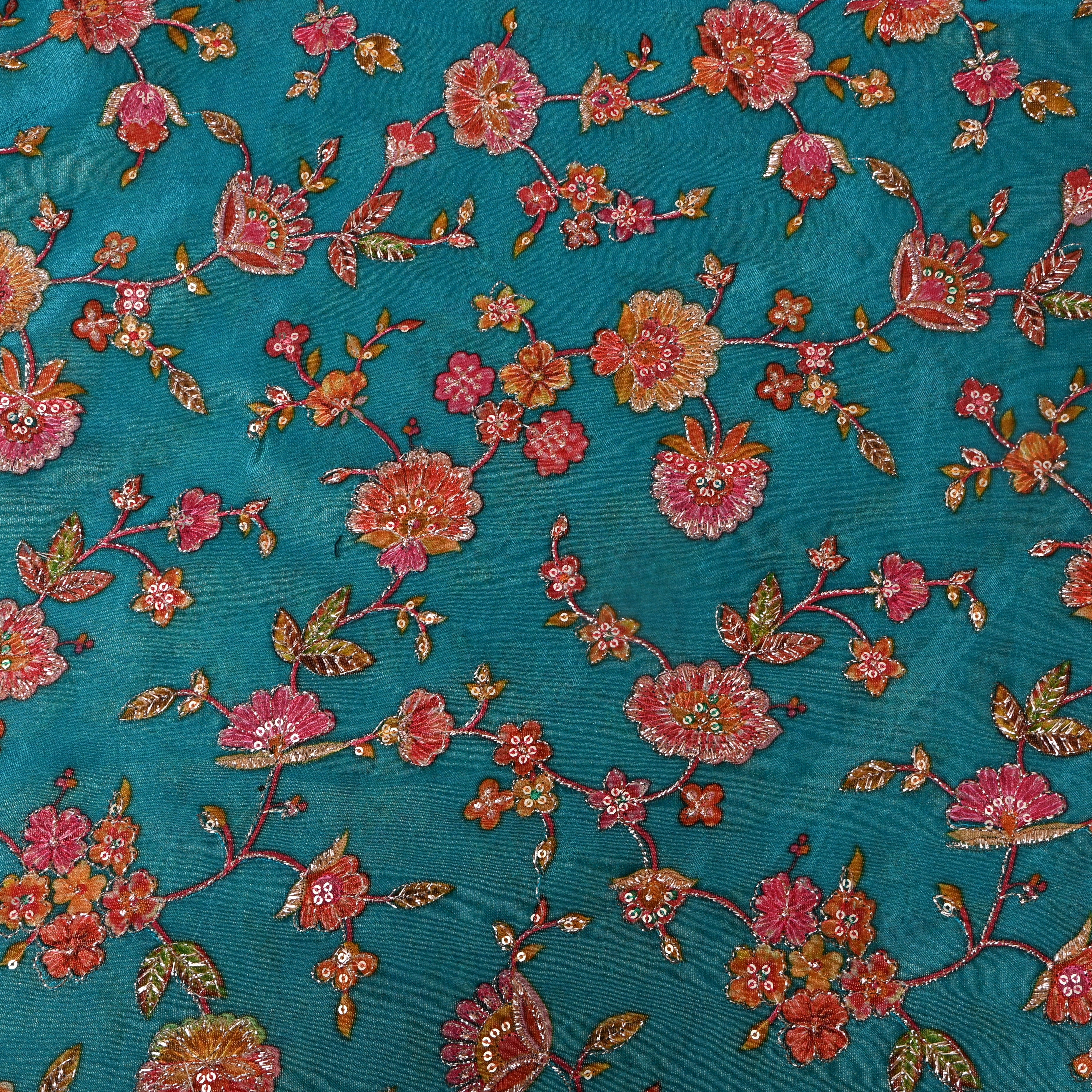 Teal Rust Floral Sequin Embroidery Tissue Fabric