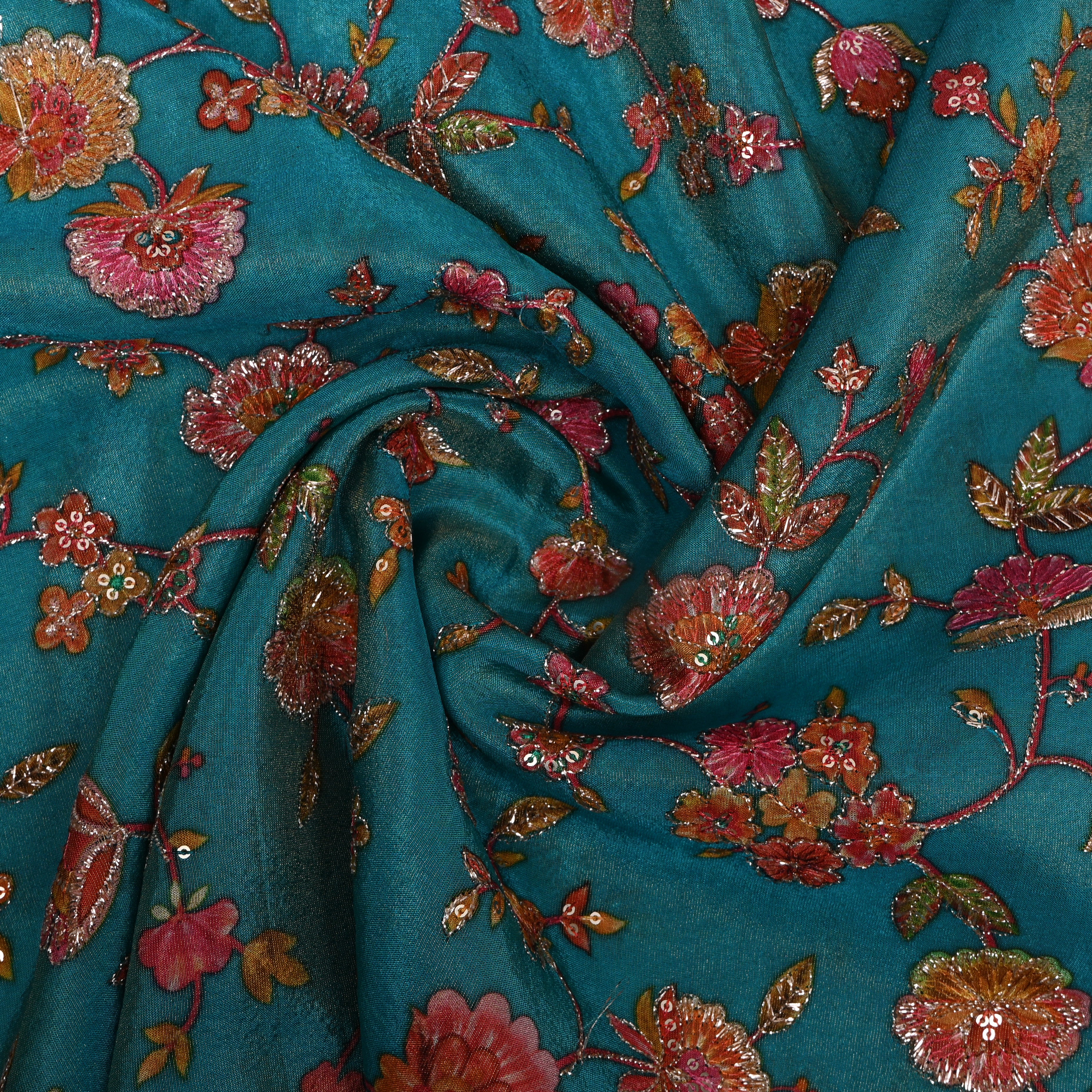 Teal Rust Floral Sequin Embroidery Tissue Fabric