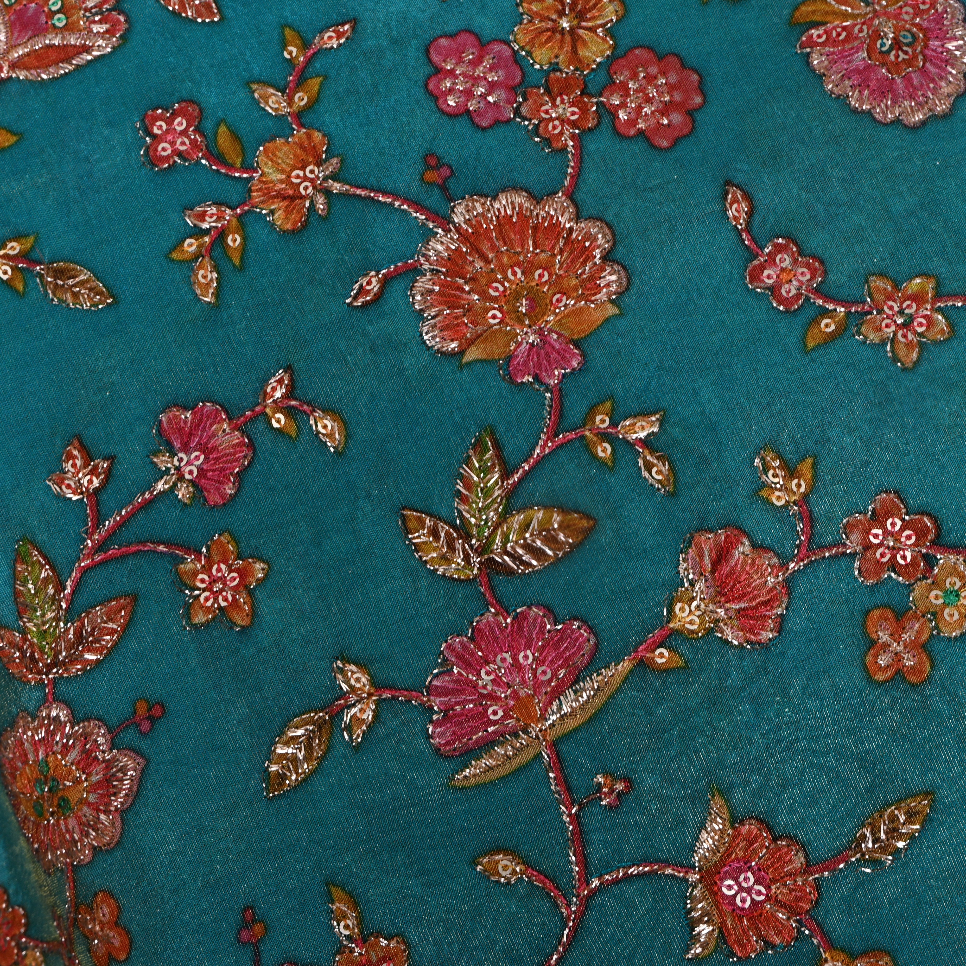Teal Rust Floral Sequin Embroidery Tissue Fabric