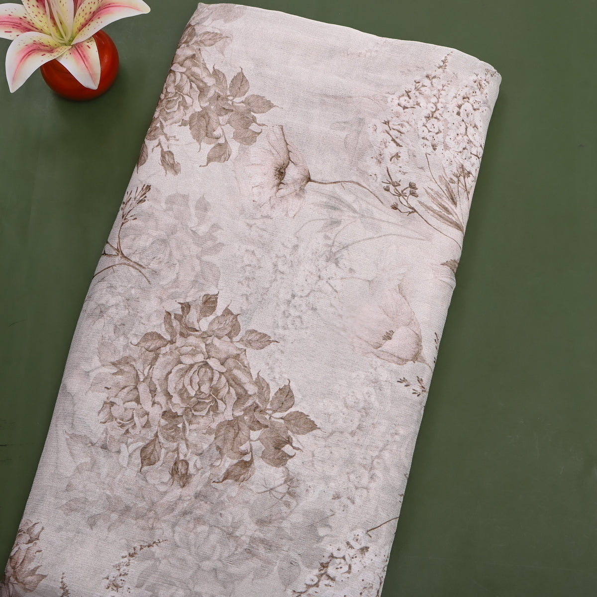 Dove White Chiffon With Sepia Rose And Wildflower Print
