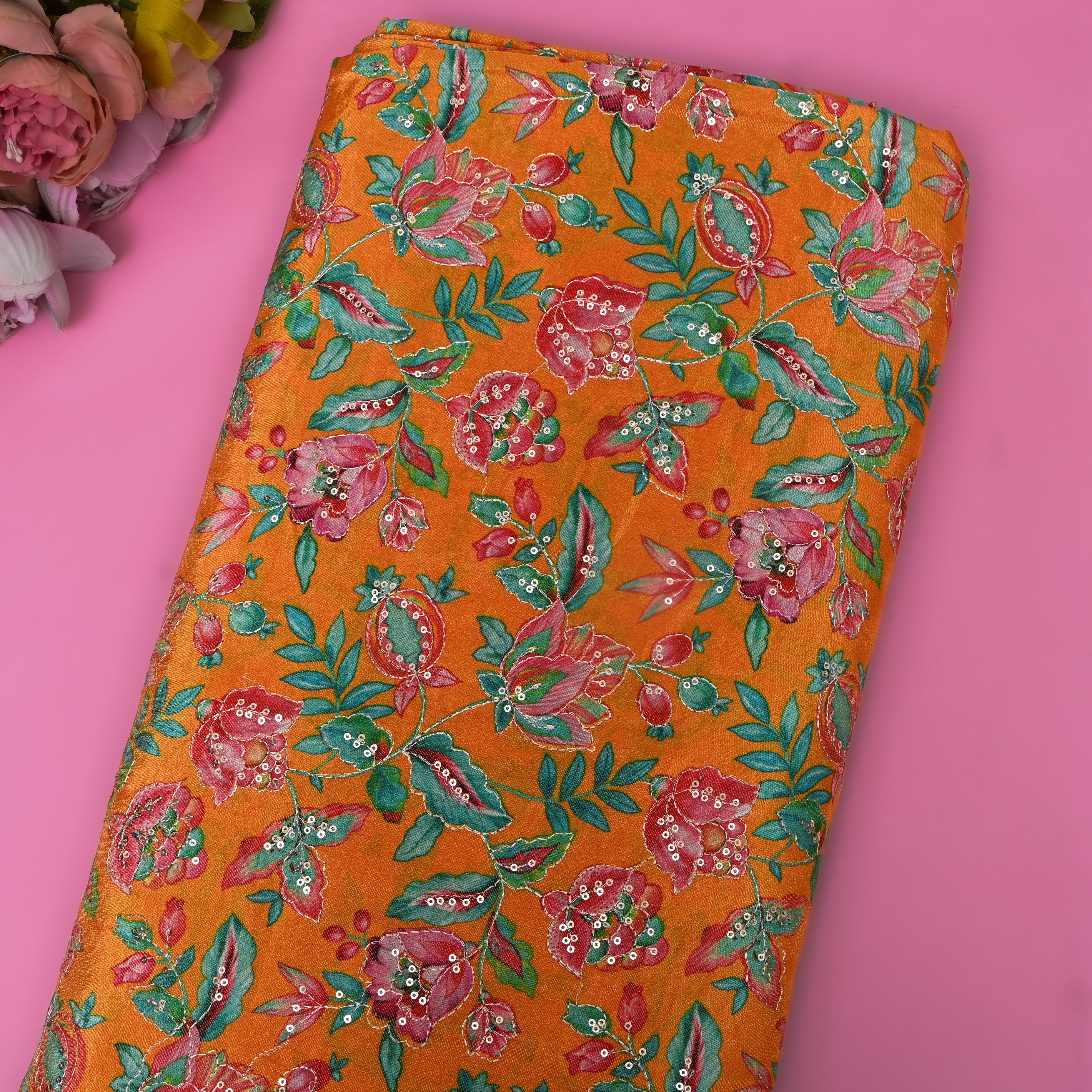 Bright Orange Floral Sequin Thread Work Tissue Fabric