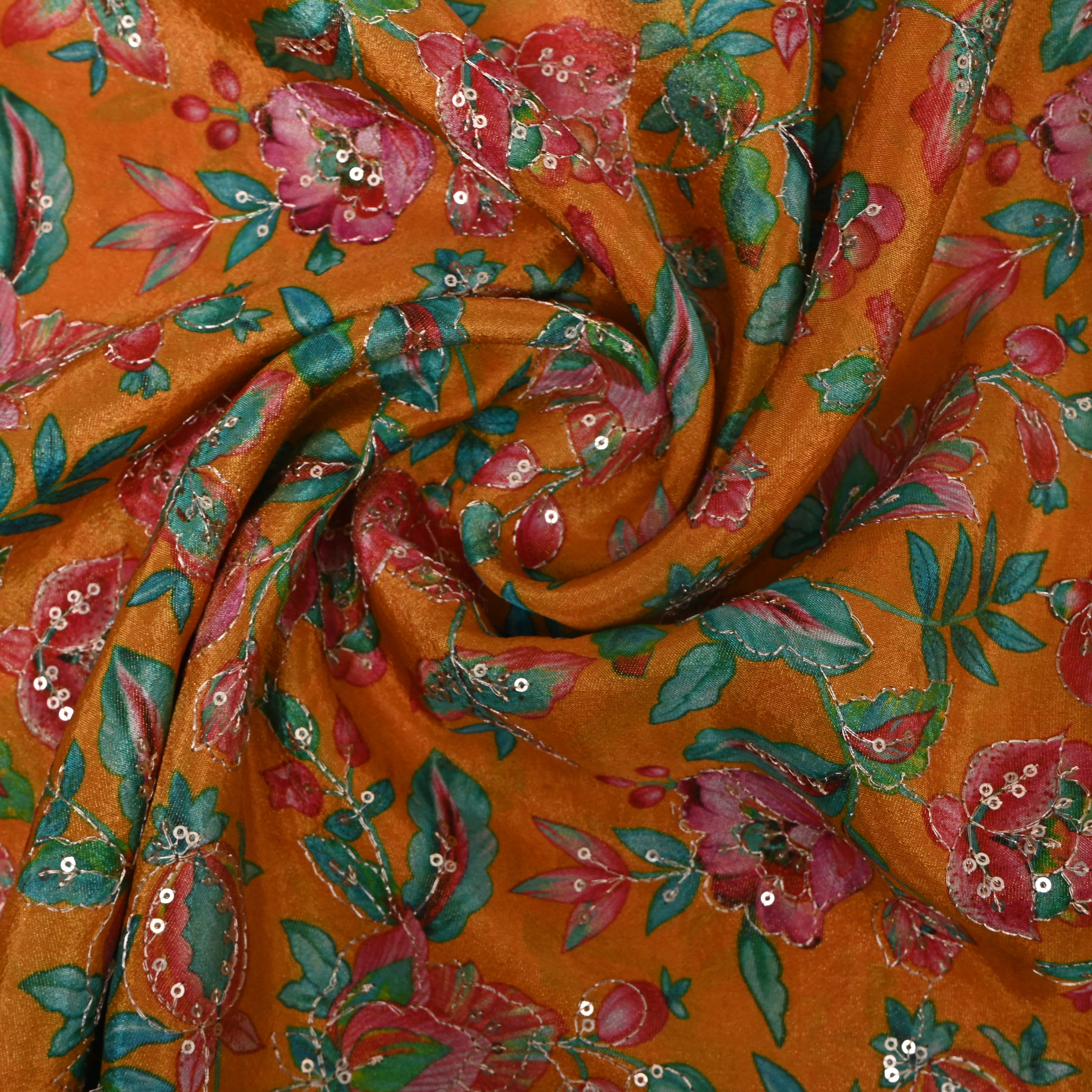 Bright Orange Floral Sequin Thread Work Tissue Fabric