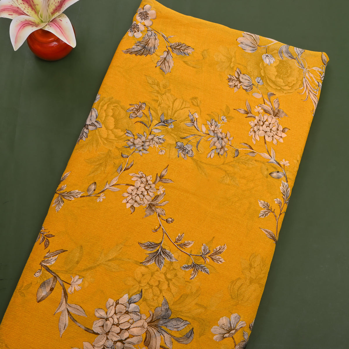 Mustard Chiffon With Grey Floral Vine Print