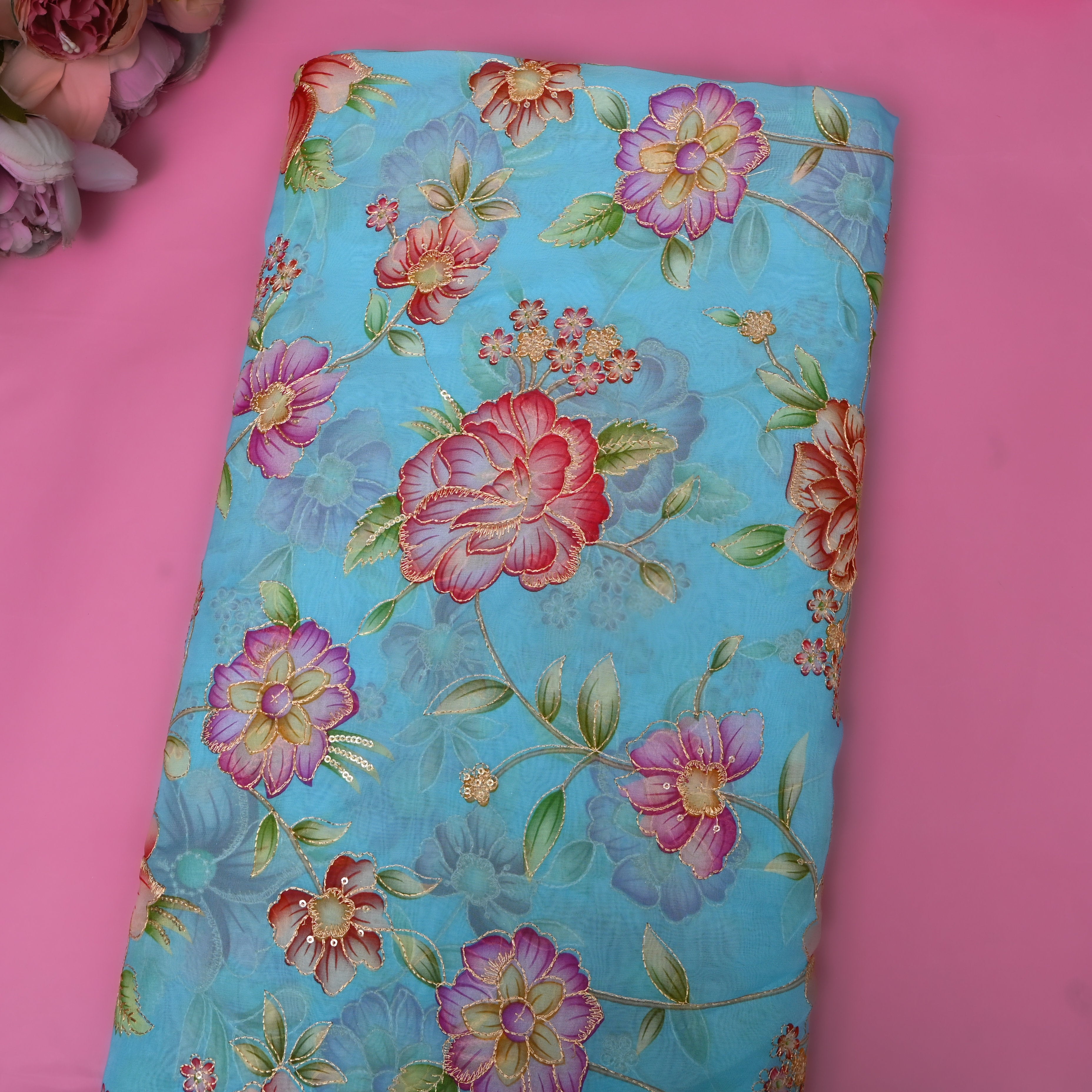Sky Blue Multicolour Floral Sequin Embroidery Organza Fabric