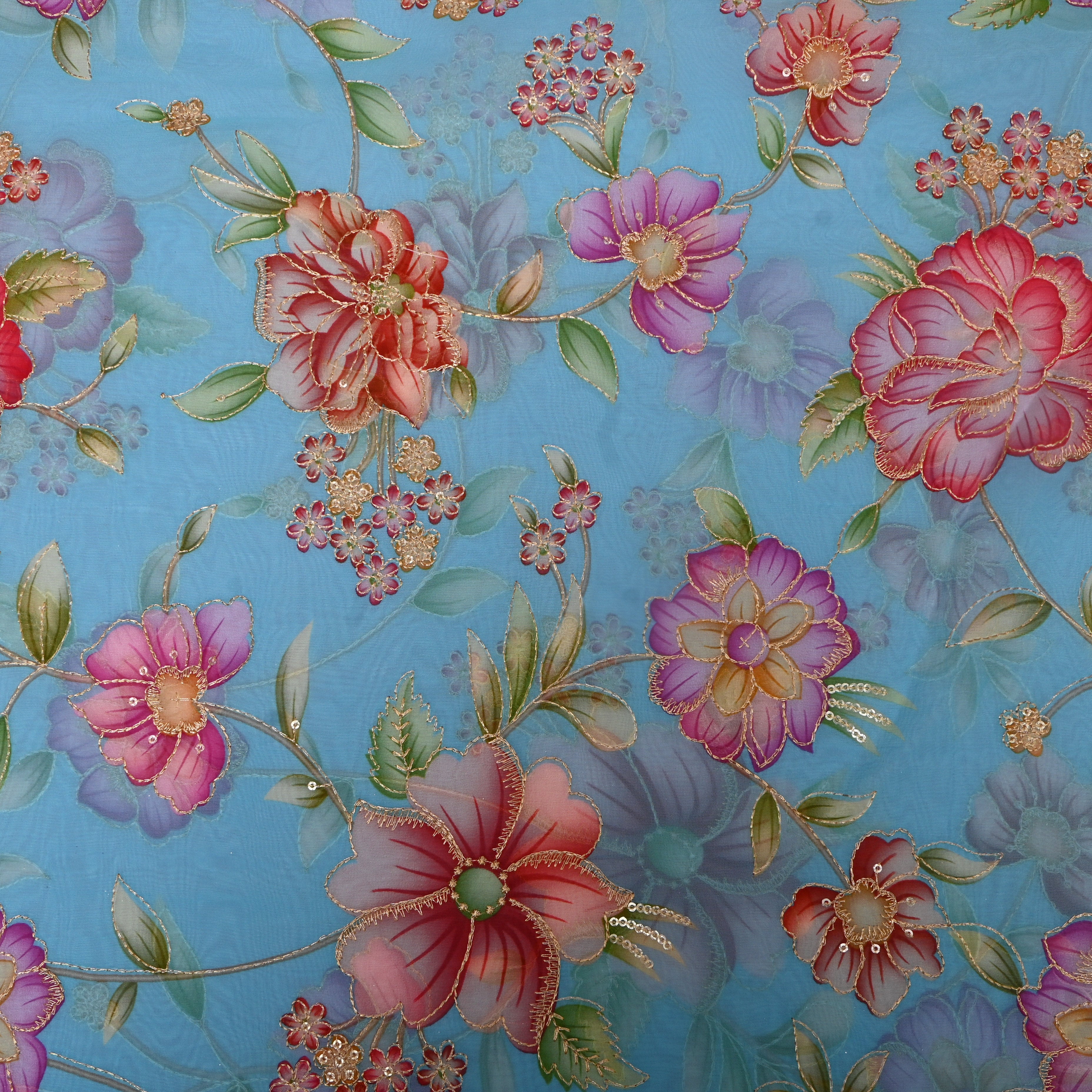 Sky Blue Multicolour Floral Sequin Embroidery Organza Fabric