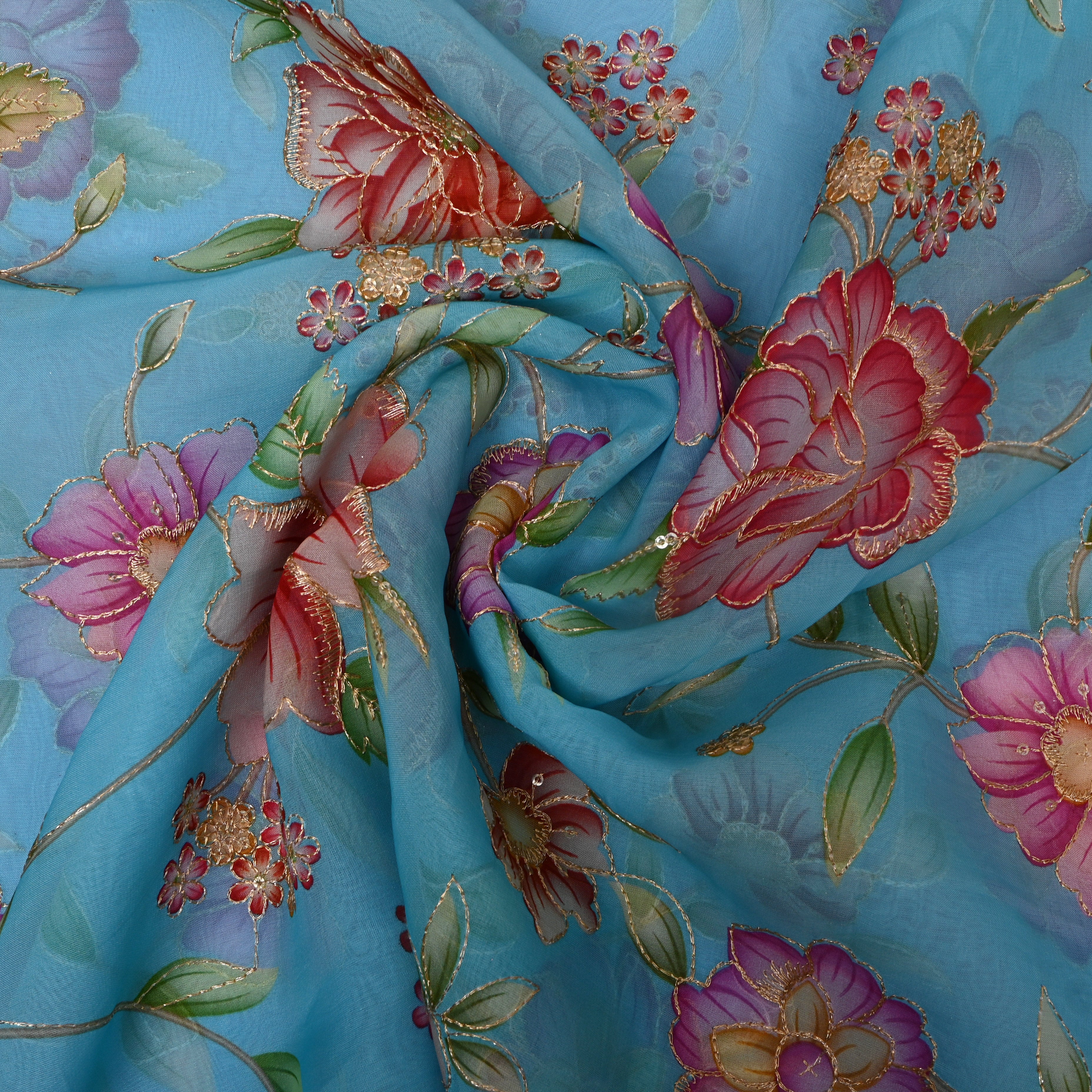 Sky Blue Multicolour Floral Sequin Embroidery Organza Fabric