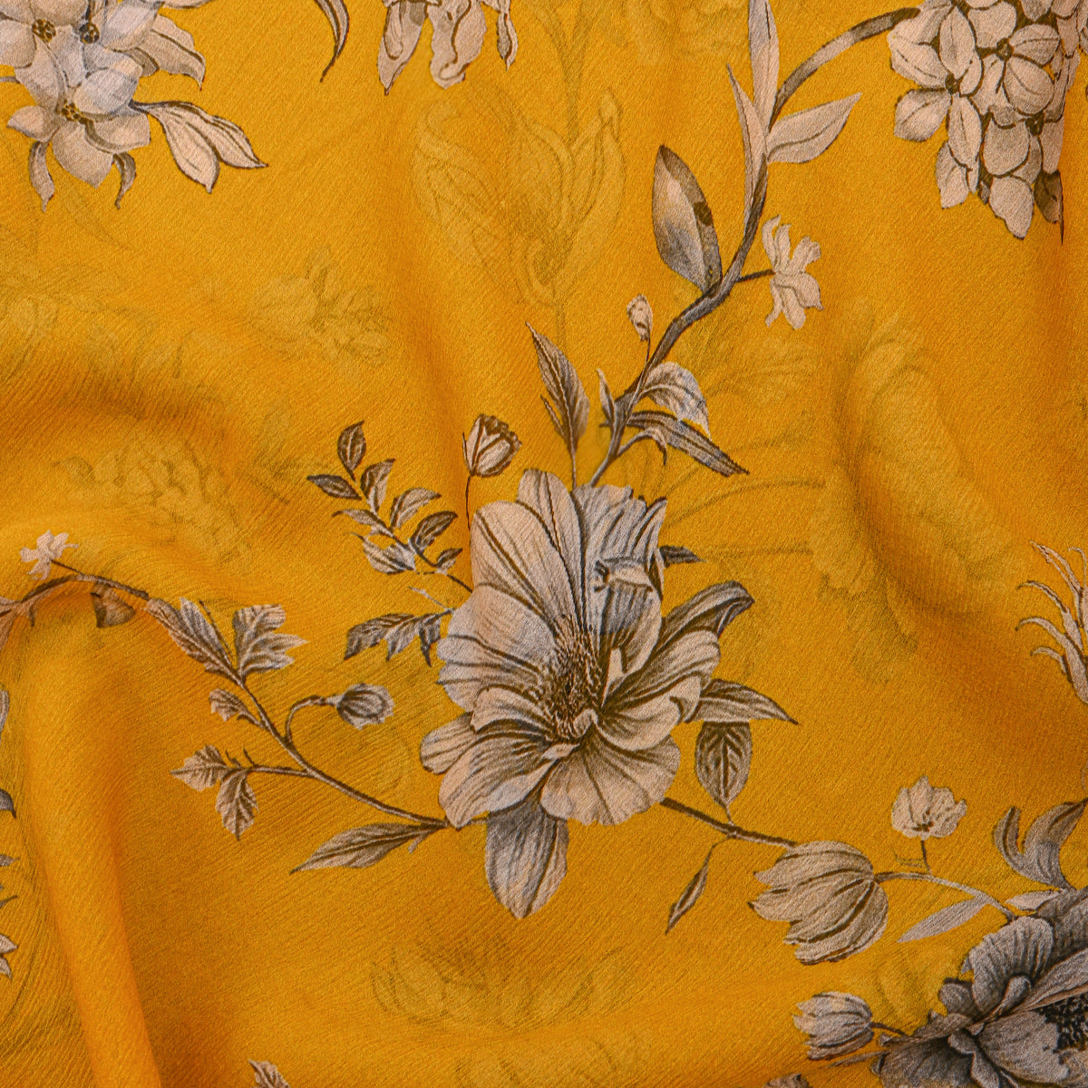 Mustard Chiffon With Grey Floral Vine Print