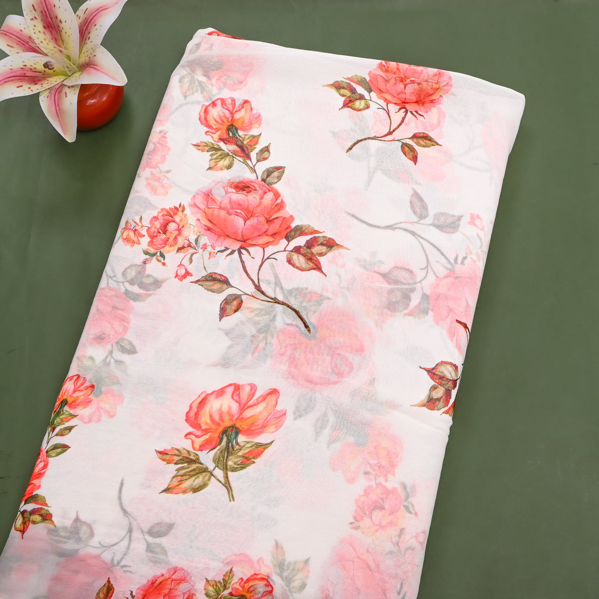 Snow White Coral Rose Print Chiffon Fabric