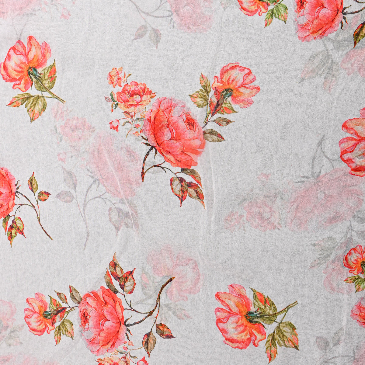 Snow White Coral Rose Print Chiffon Fabric