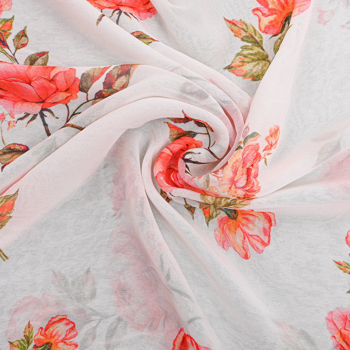 Snow White Coral Rose Print Chiffon Fabric