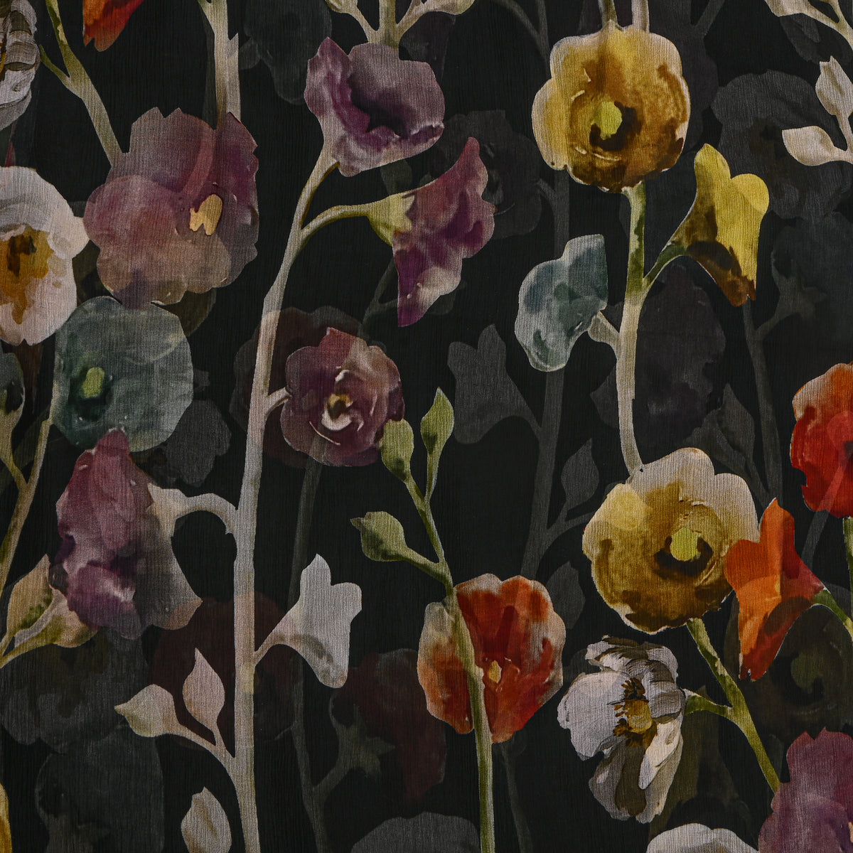 Jet Black Chiffon With Painted Floral Print