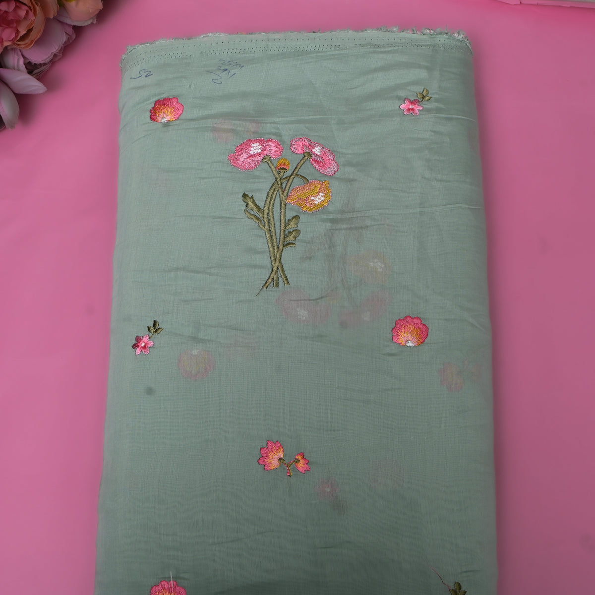 Sage Green Chanderi Embroidery with Poppy Bouquet Motifs