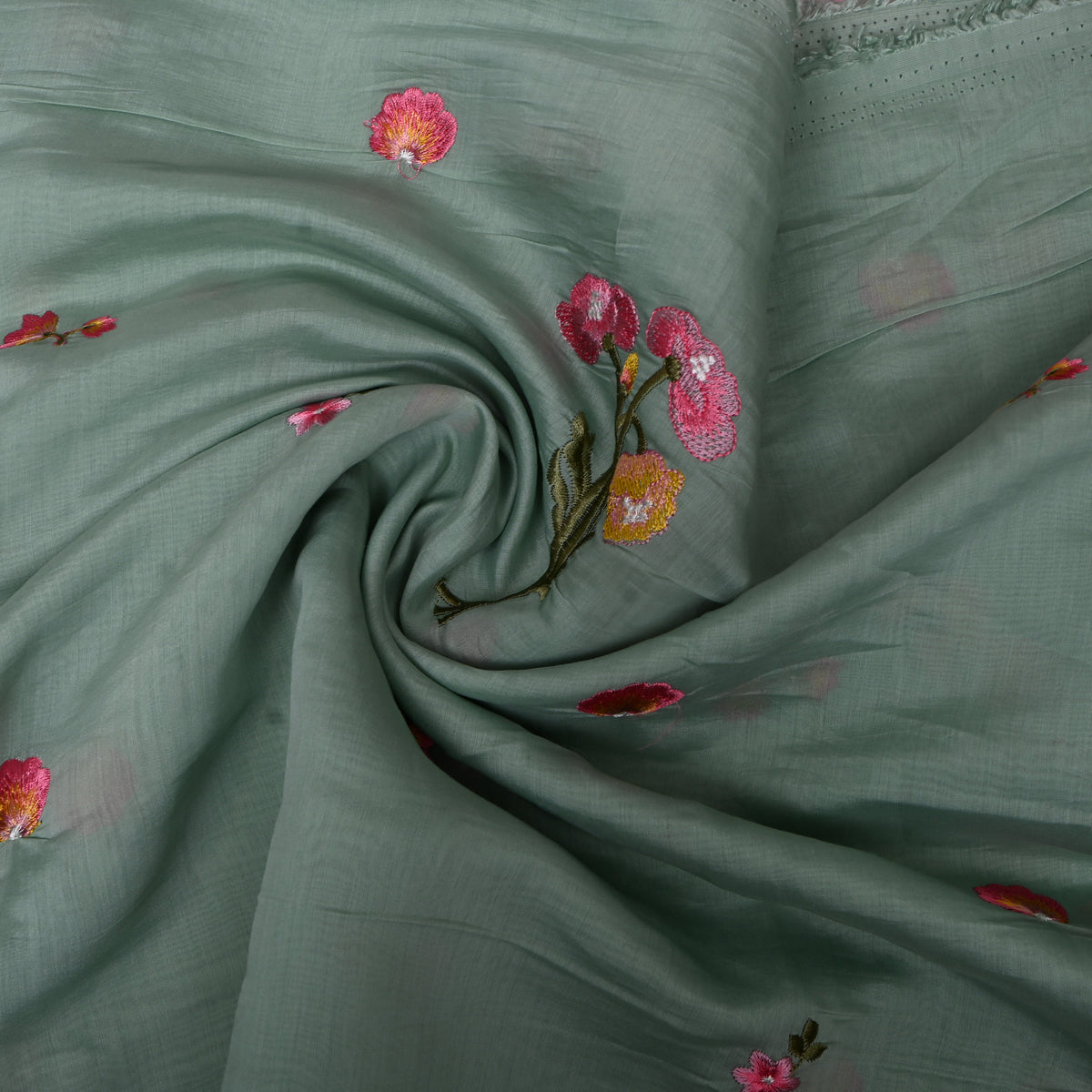 Sage Green Chanderi Embroidery with Poppy Bouquet Motifs