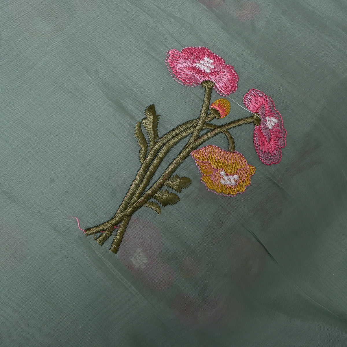 Sage Green Chanderi Embroidery with Poppy Bouquet Motifs