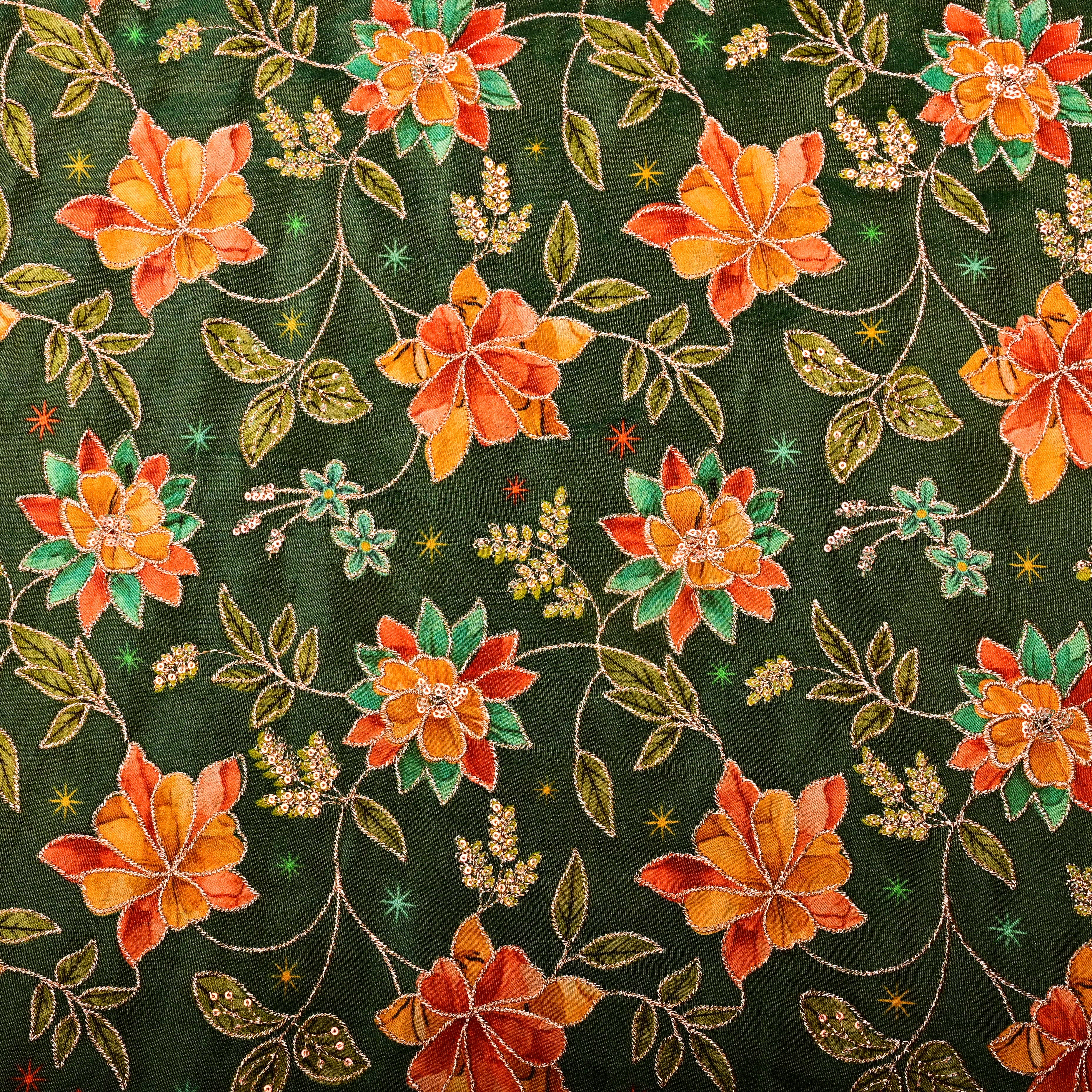 Moss Green Tissue Fabric With Printed Embroidery