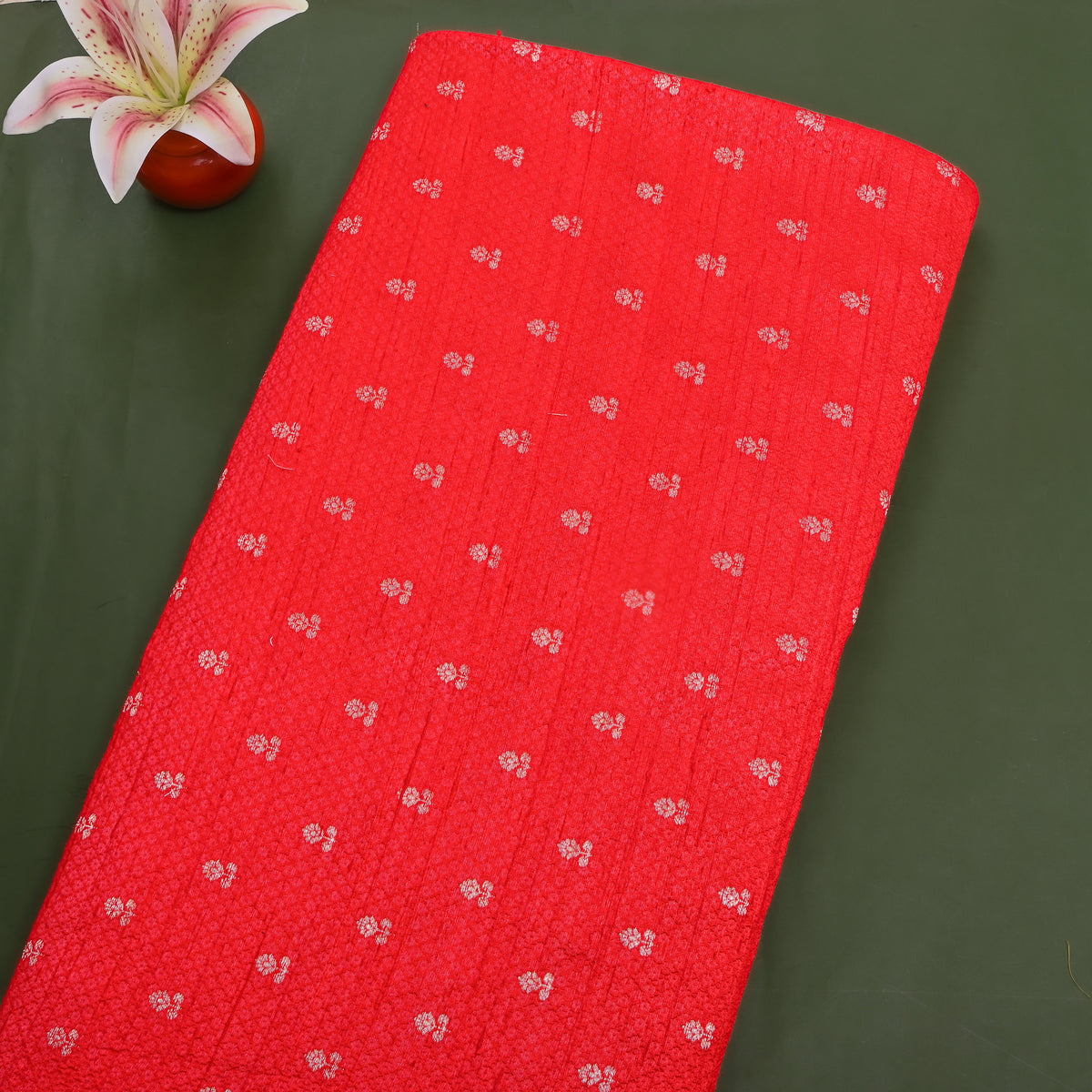 Cherry Red Silver Zari Butti Self Weave Jamawar Silk Fabric