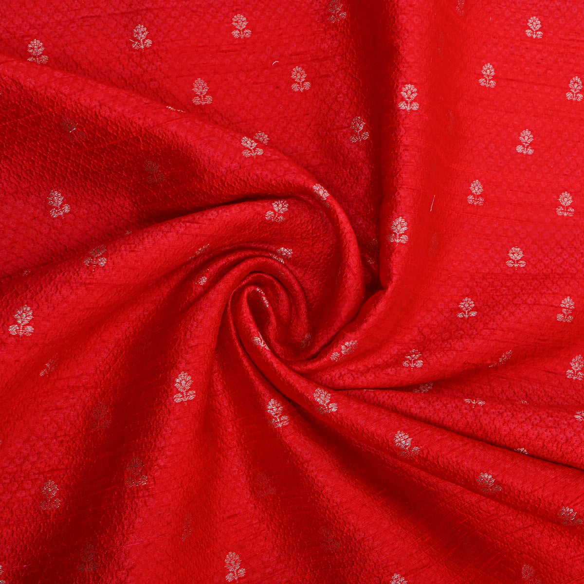 Cherry Red Silver Zari Butti Self Weave Jamawar Silk Fabric