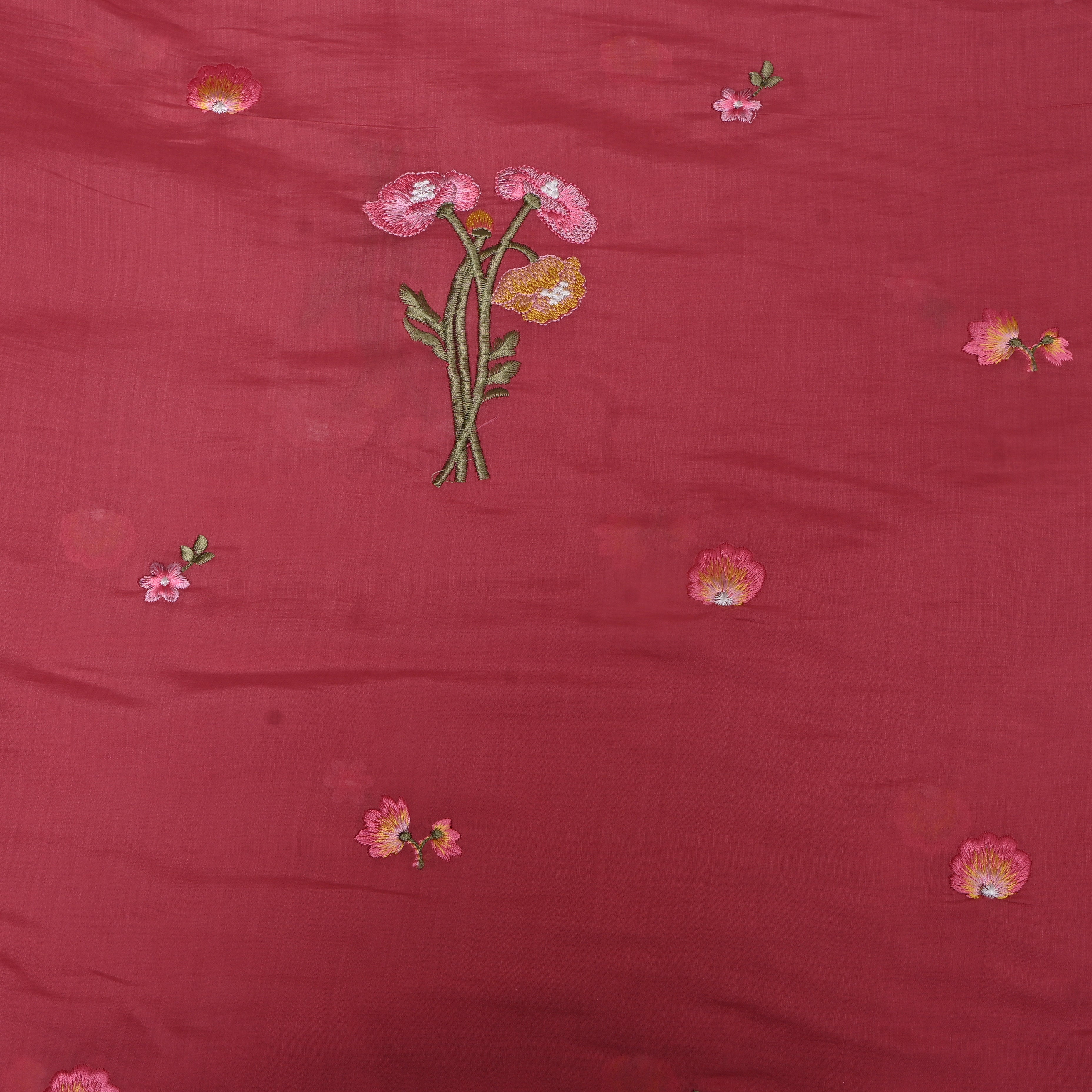 Deep Maroon Embroidery Silk With Poppy Bouquet Motifs