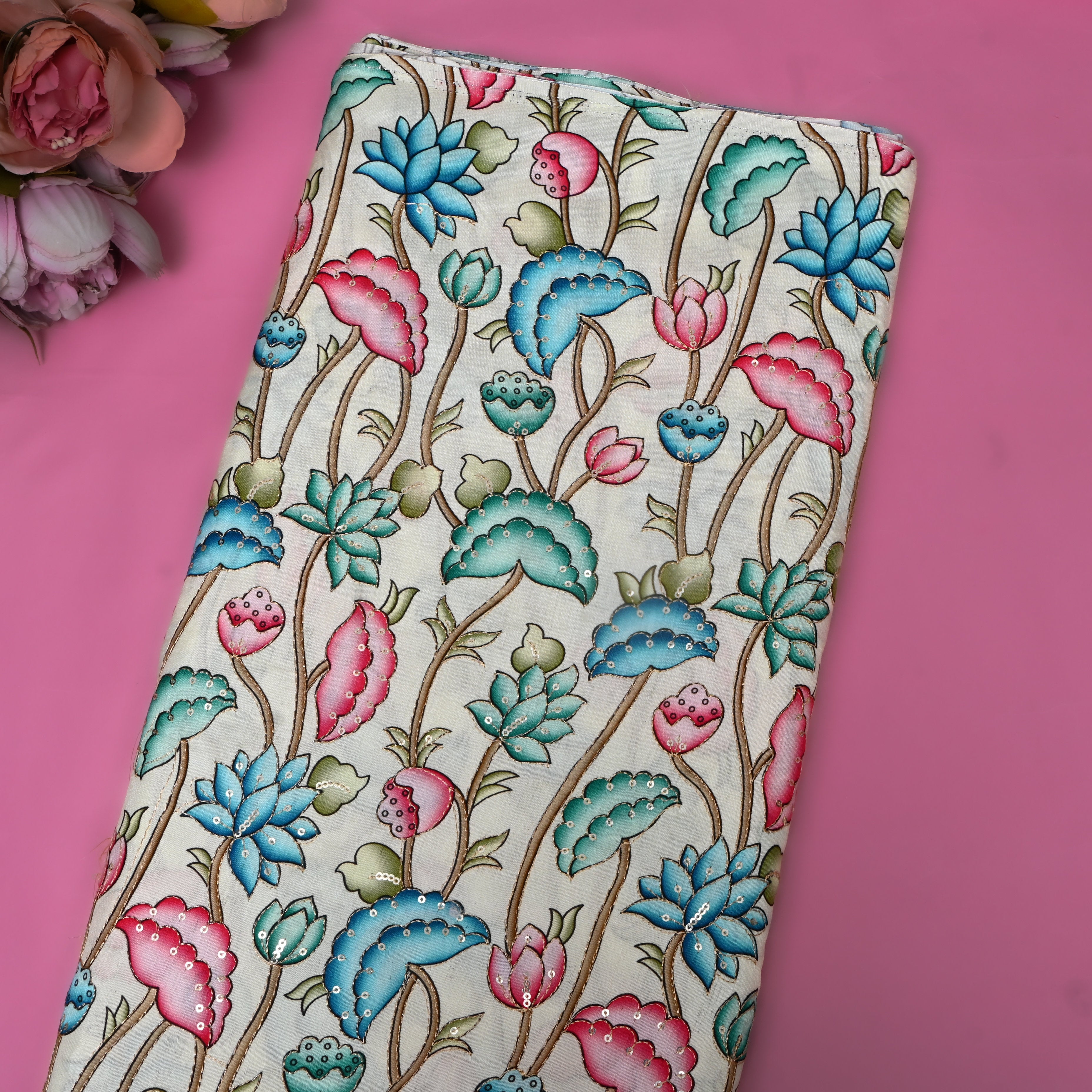 Ivory Teal Pink Floral Sequin Embroidery Chinon Silk Fabric