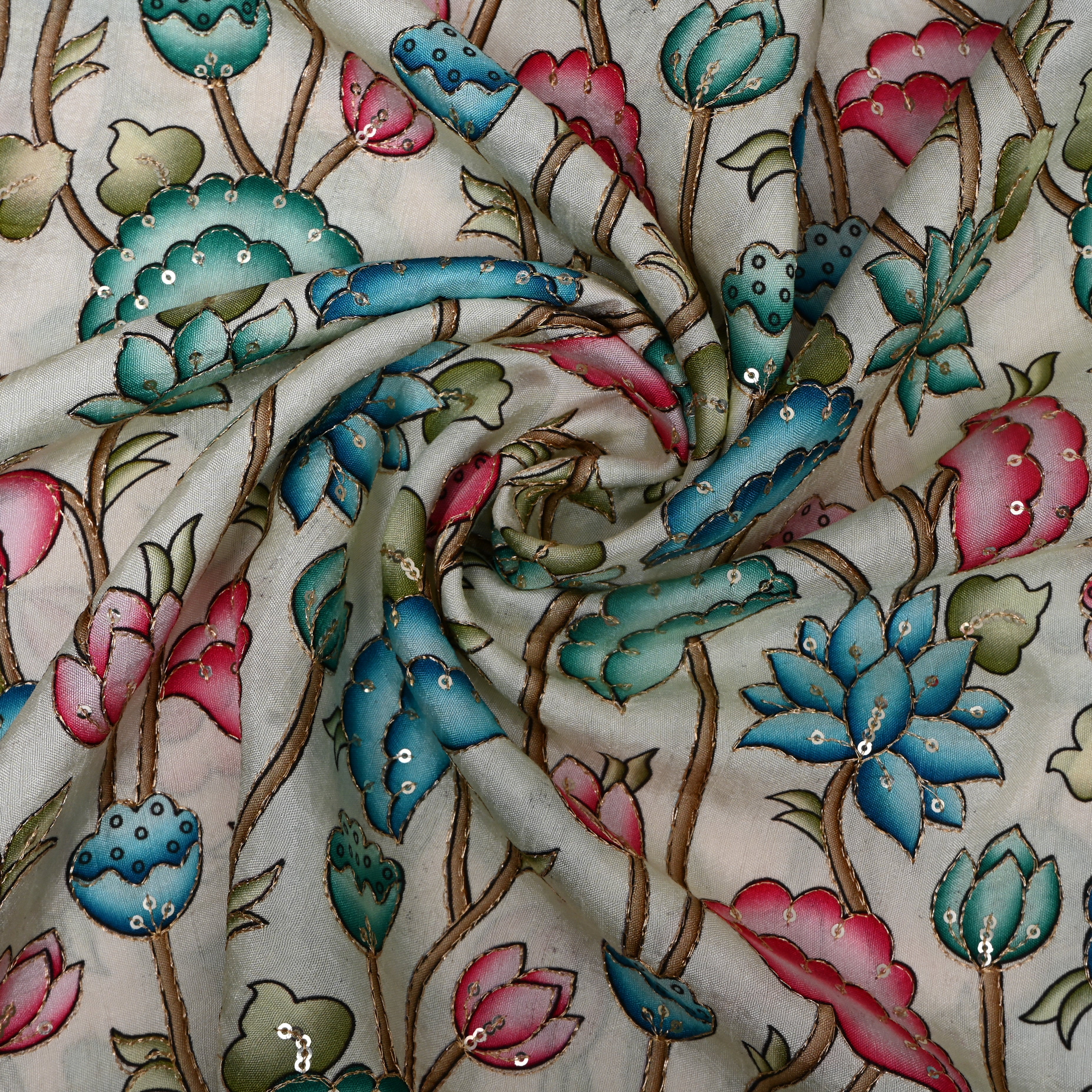 Ivory Teal Pink Floral Sequin Embroidery Chinon Silk Fabric